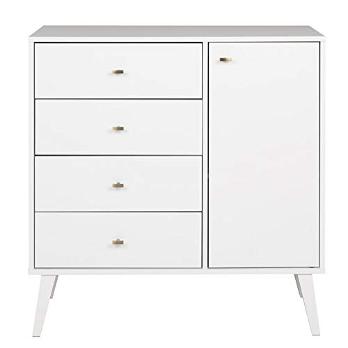 Allora Mid Century Modern 4-Drawer Dresser - White Wooden Chest with Cabinet Doors for Bedroom Storage & Organization