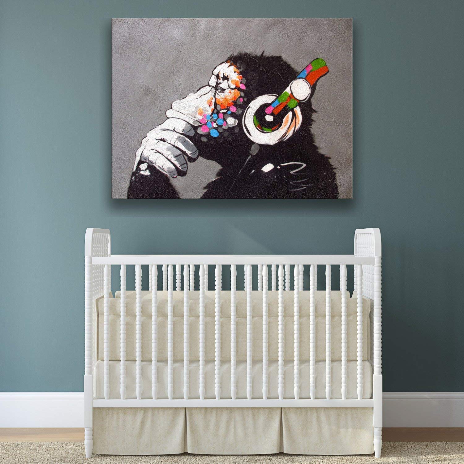 Thinking Monkey Headphones Canvas Wall Art Print - Banksy DJ Gorilla Thinker Nursery Decor | Large Framed Music Graffiti Art for Bedroom & Living Room | Funny Street Art Gift for Music Lovers & Urban Style