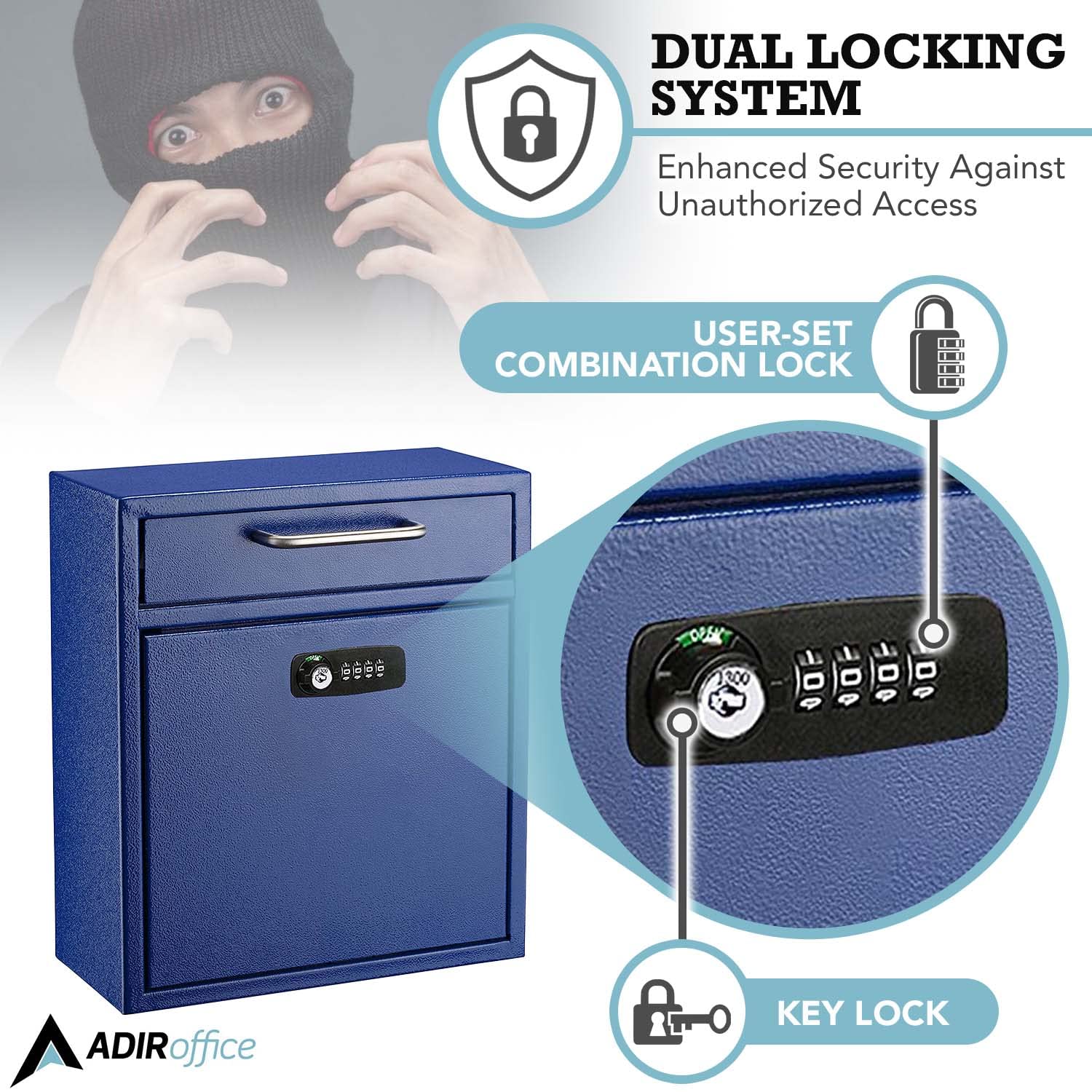 AdirOffice Ultimate Wall-Mounted Mailbox with Key Lock - Secure Drop Box for Mail, Packages & Payments - Durable Weatherproof Outdoor Mail Slot - Perfect for Home, Office & After-Hours Deposits (Medium, Blue)