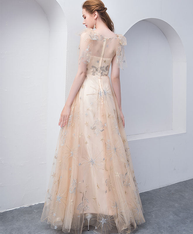 Elegant Champagne Tulle V-Neck Long Prom Dress & Evening Gown for Formal Events, Weddings, and Special Occasions