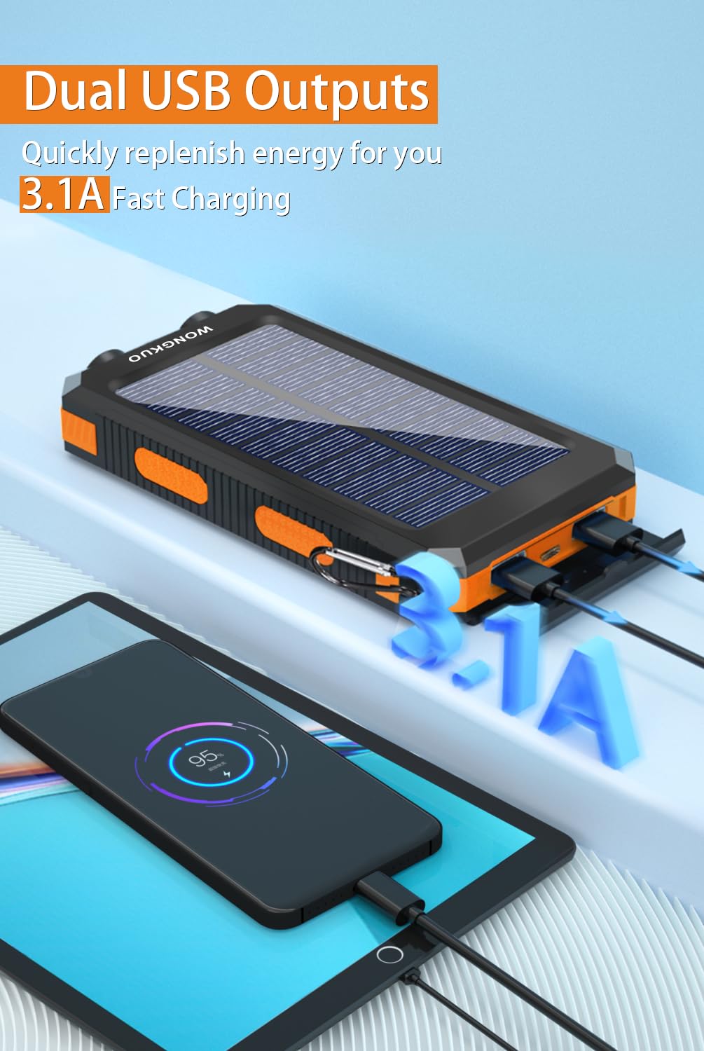 **WONGKUO 36800mAh Solar Power Bank with QC3.0 Fast Charging, LED Flashlight & IP65 Waterproof - Portable Solar Charger for Phones, Tablets, Outdoor Camping, Hiking, and Emergency Power Backup**