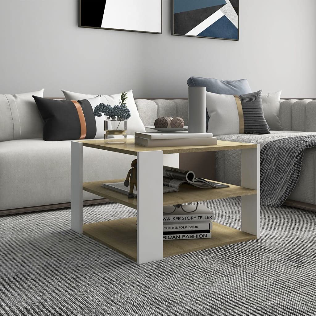 CHARMMA Coffee Table - 24x24x16 Inch Sonoma Oak & White Finish Chipboard - 14.1KG - Perfect for Living Room, Office & Small Spaces