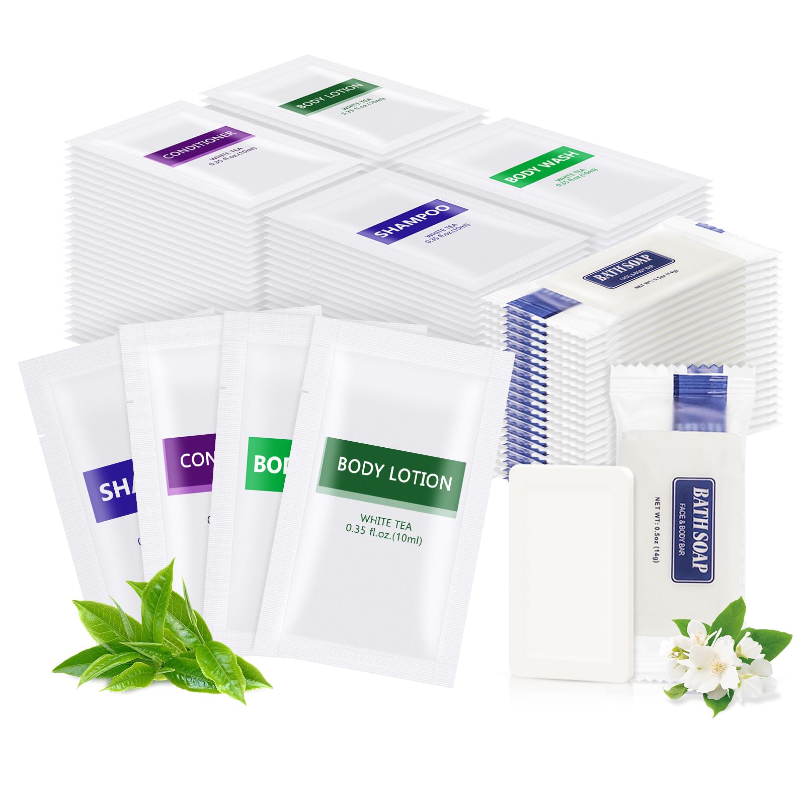 5-in-1 Travel Toiletries Bulk Set (50 Pcs) - 10x Body Wash, 10x Shampoo, 10x Conditioner, 10x Lotion, 10x Bar Soap - Mini Hotel Amenities for Guests, Travel, Vacation & Hospitality Supplies