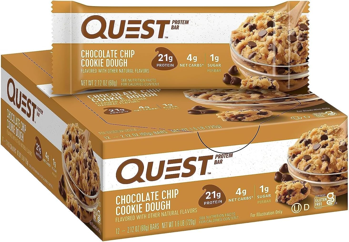 Quest Nutrition Protein Bar - Chocolate Chip Cookie Dough Flavor | 21g Protein, 1g Sugar, Keto Friendly, High Fiber | Perfect for Post-Workout Recovery & Healthy Snacking (12 Count)