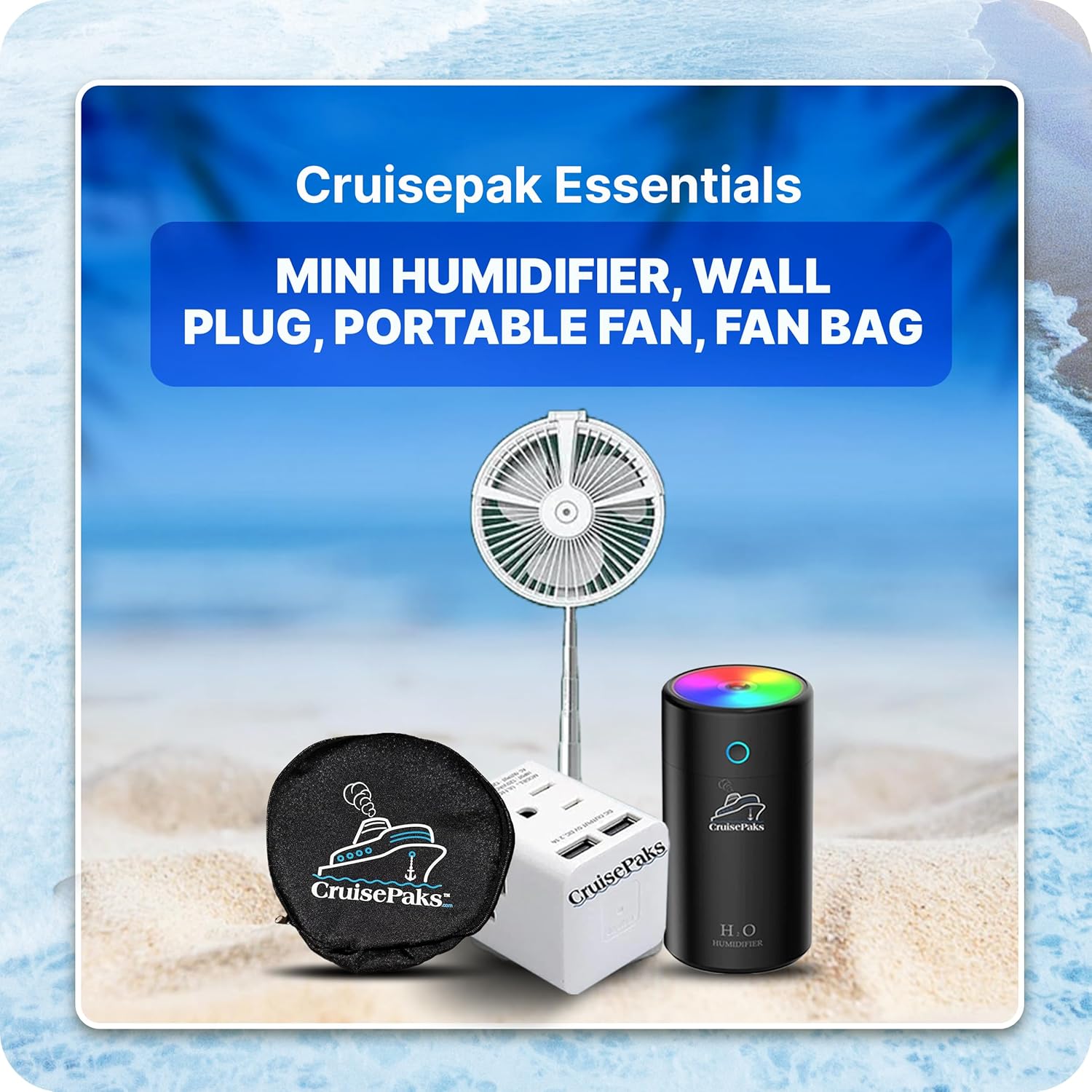 Travel Essentials Bundle - Mini Humidifier (Black/White), Wall Multi Plug & Portable Fan with Carrying Bag | Perfect for Cruise Vacations, Road Trips & Hotel Stays