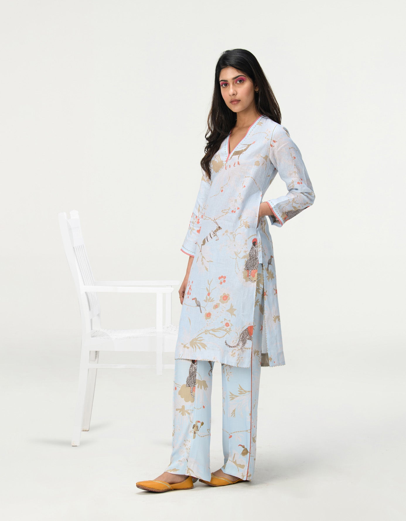Stylish V Neck Kurta in Breathable Linen Fabric - Ice Blue Color for Men | Perfect for Summer Wear, Casual Outings & Ethnic Fashion