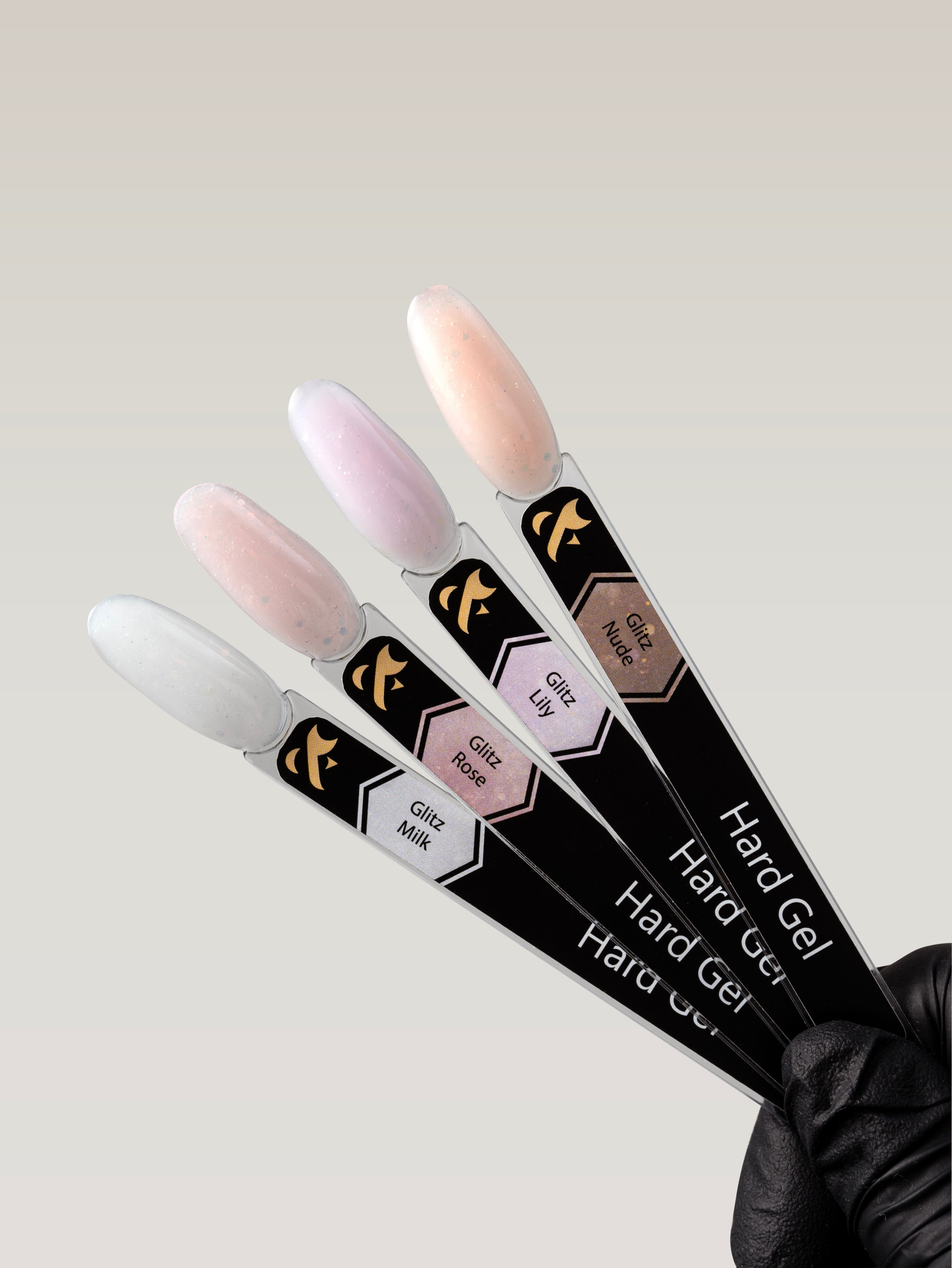 F.O.X Hard Gel Glitz Nail Tips - Set of 4 for Acrylic Nails, DIY Manicure & Salon Use - Long Lasting Glamorous Nail Art Accessories
