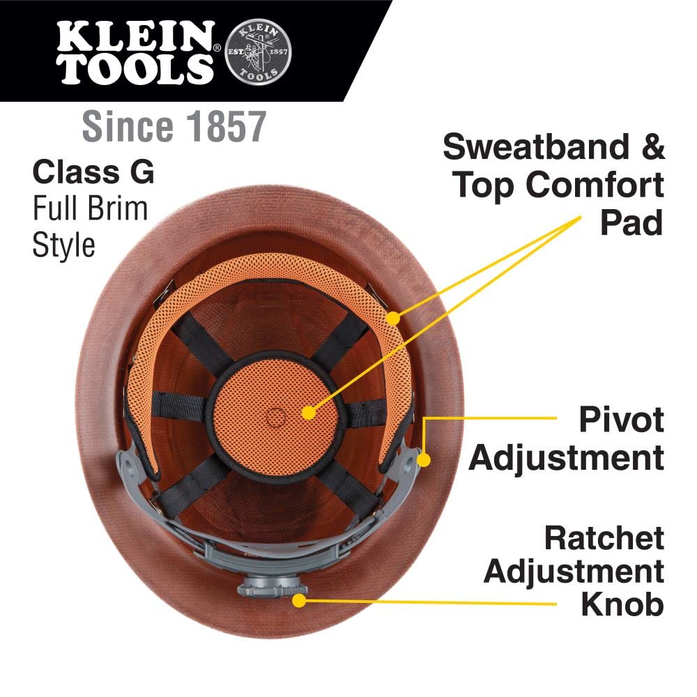 Klein Tools 60447 Full Brim Class G KONSTRUCT Series Hard Hat with Rechargeable Headlamp & 60181 Cooling Helmet Liner - Brown Construction Safety Gear for Electricians, Linemen, and Outdoor Workers