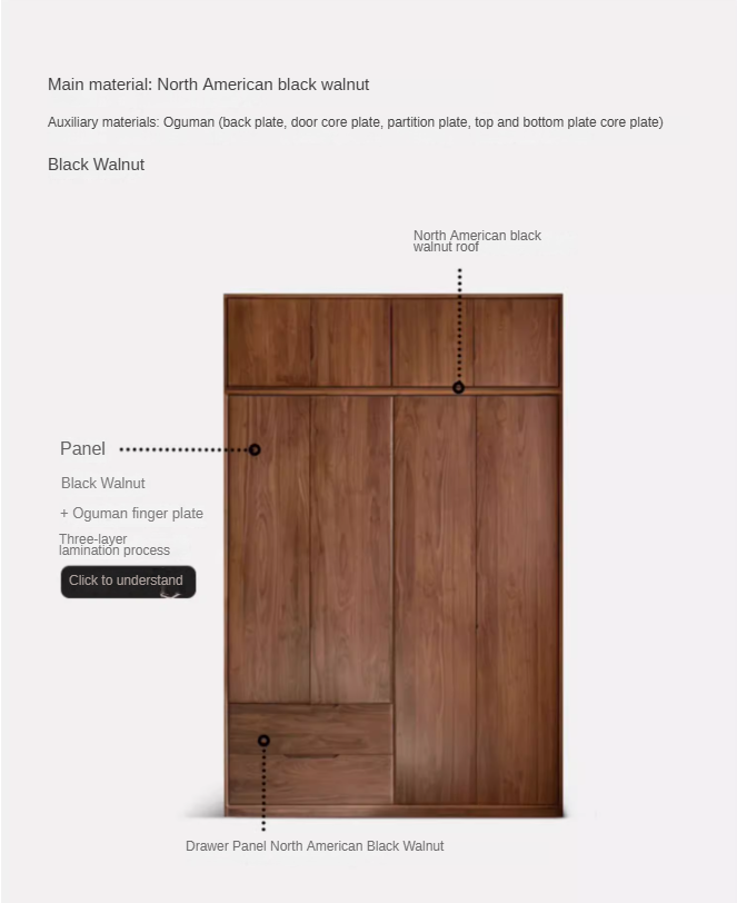 Solid Black Walnut Wood Large Wardrobe - Spacious Closet Organizer for Bedroom, Walk-in Closet & Master Suite Storage