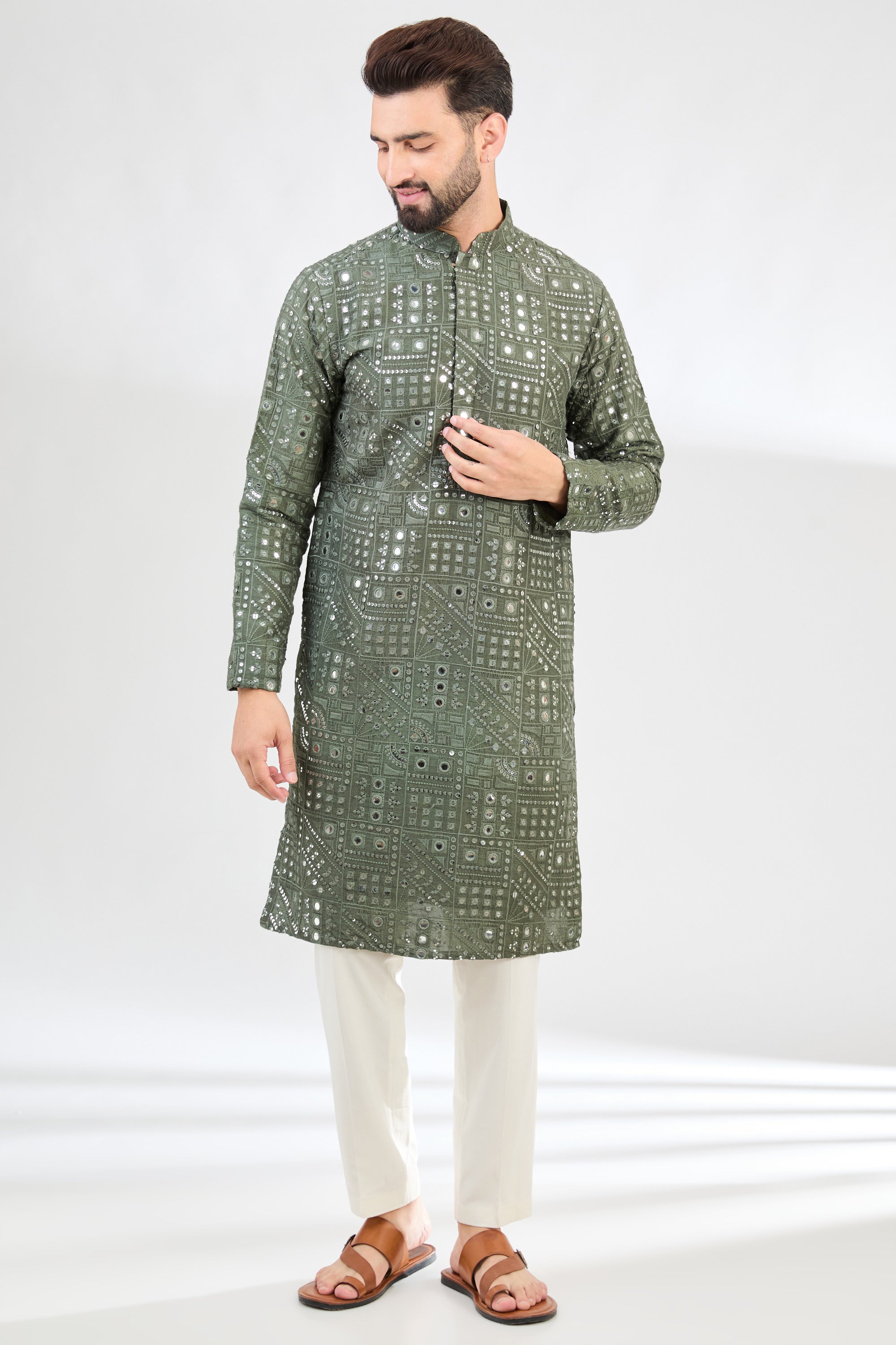 Military Green Mirror Work Kurta for Women - Stylish Ethnic Embroidered Tunic Top - Perfect for Festivals, Weddings & Casual Wear