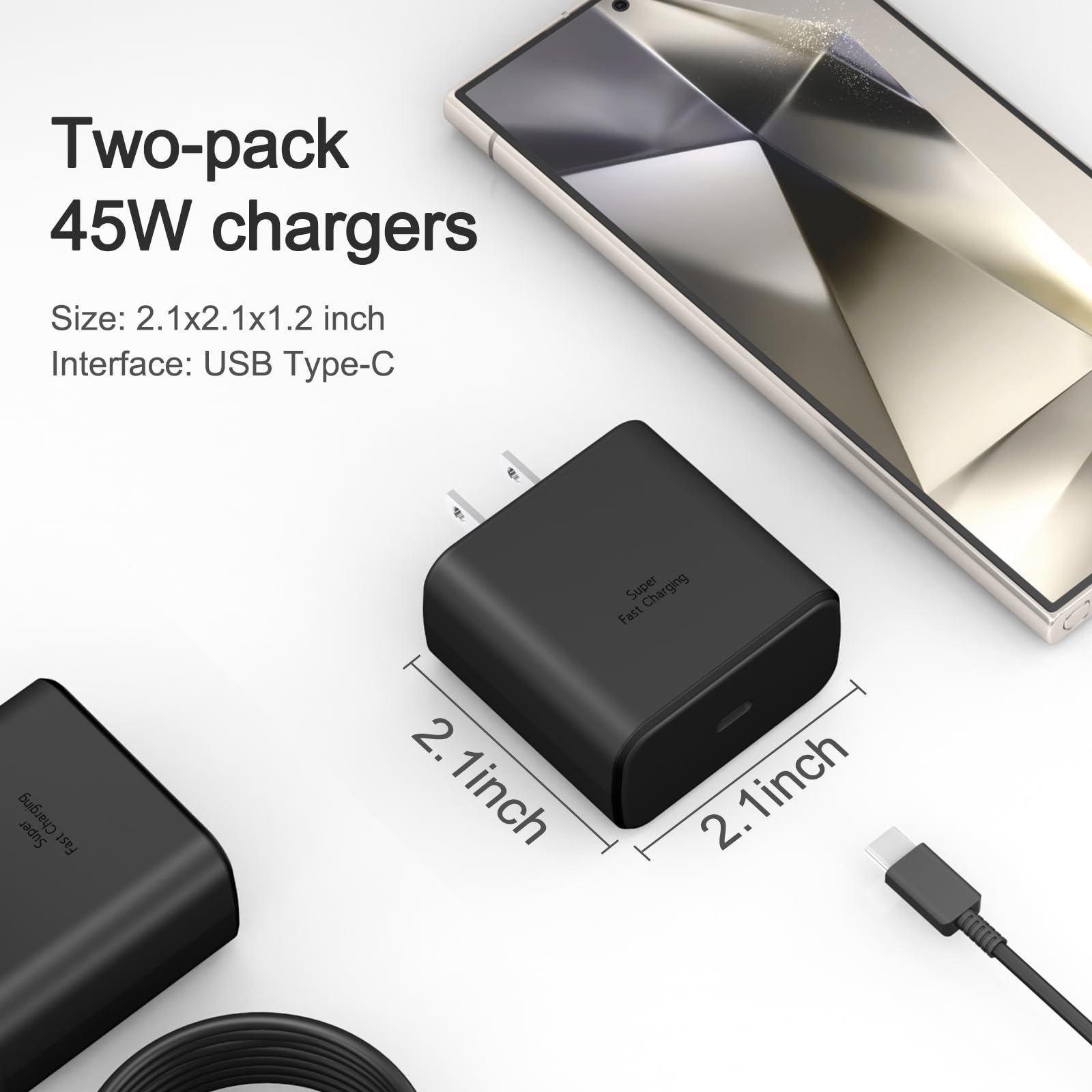 45W Super Fast USB C Wall Charger with 10FT Cable (2-Pack) - PD 3.0 Quick Charge for Samsung Galaxy S25/S24/S23/S22/S21/S20/S10/S8/Note 20 Series - Perfect for Home, Office & Travel Charging