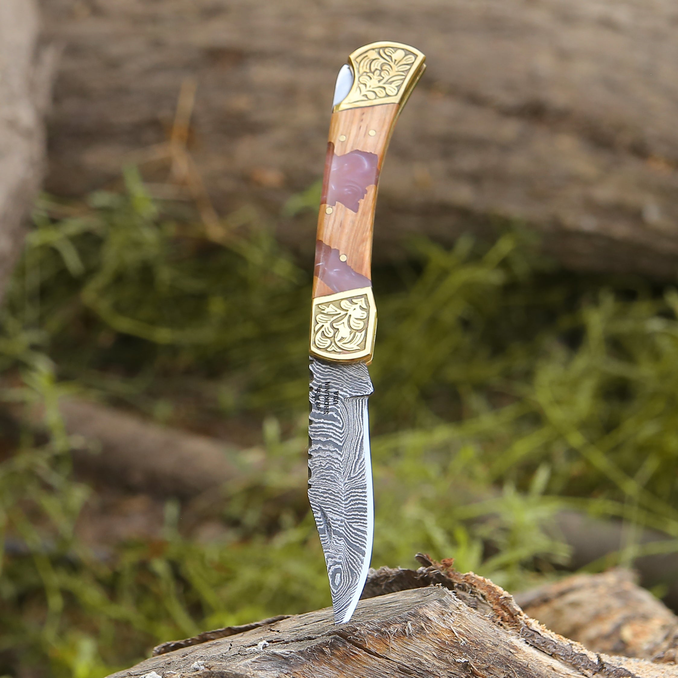 Handmade Damascus Steel Pocket Knife with Leather Sheath & Olive Wood Handle - Perfect for Camping, Hiking, EDC & Outdoor Adventures