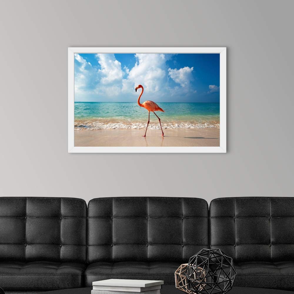 Flamingo Walking Along Beach White Framed Art Print - Tropical Flamingo Wall Decor for Living Room, Bathroom & Coastal Home Decor