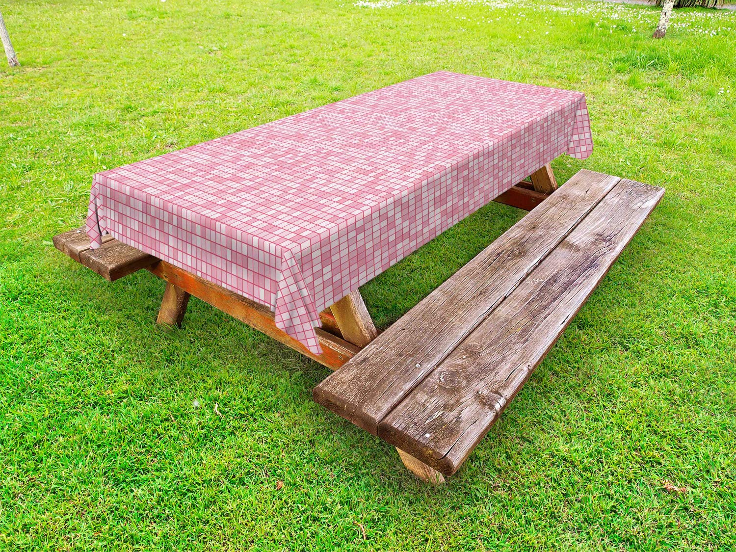Ambesonne Pink and White Gingham Checkered Outdoor Tablecloth - 58