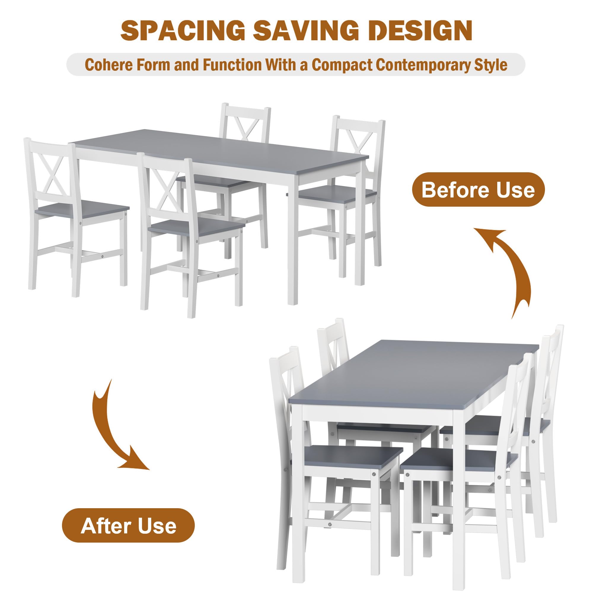 Soges 5-Piece Dining Table Set - 47.2 Inch Rectangular Pine Wood Kitchen Table with 4 Chairs, White Grey Modern Furniture for Kitchen, Dining Room, Dinette | Perfect for Small Spaces, Family Meals & Entertaining Guests