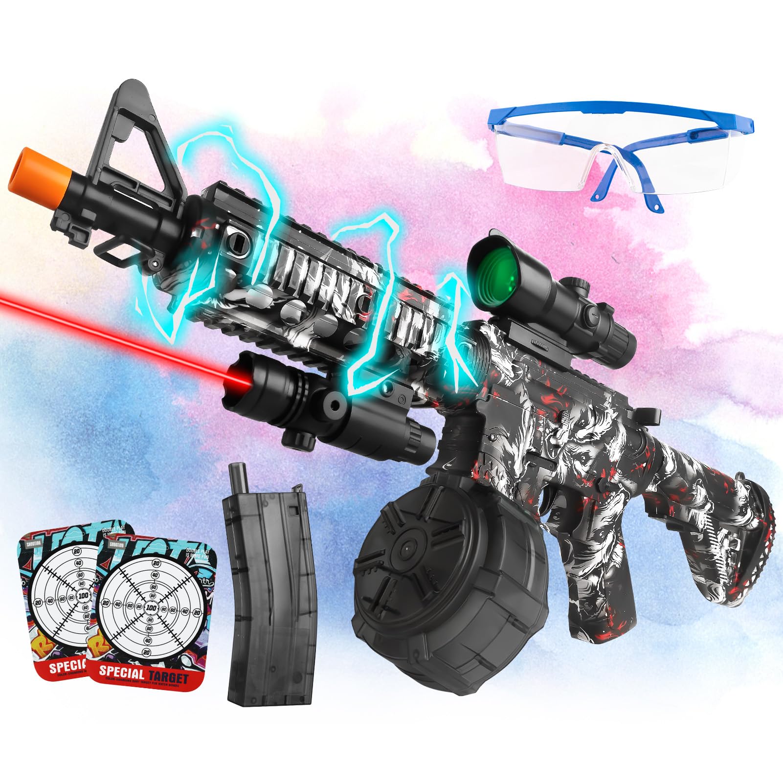 Electric Gel Ball Blaster Toy with 20,000 Gel Beads - Automatic Splatter Gun with Drum Magazine & Safety Goggles for Outdoor Team Battles and Backyard Target Shooting