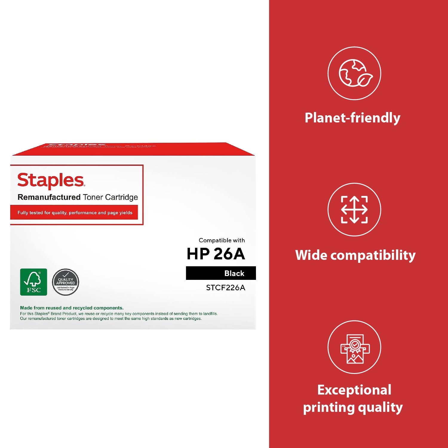 STAPLES Remanufactured Standard-Yield Black Toner Cartridge - Replacement for HP 26A (3,100 Pages) | Compatible with HP LaserJet Pro Printers | Ideal for Office & Home Printing Needs