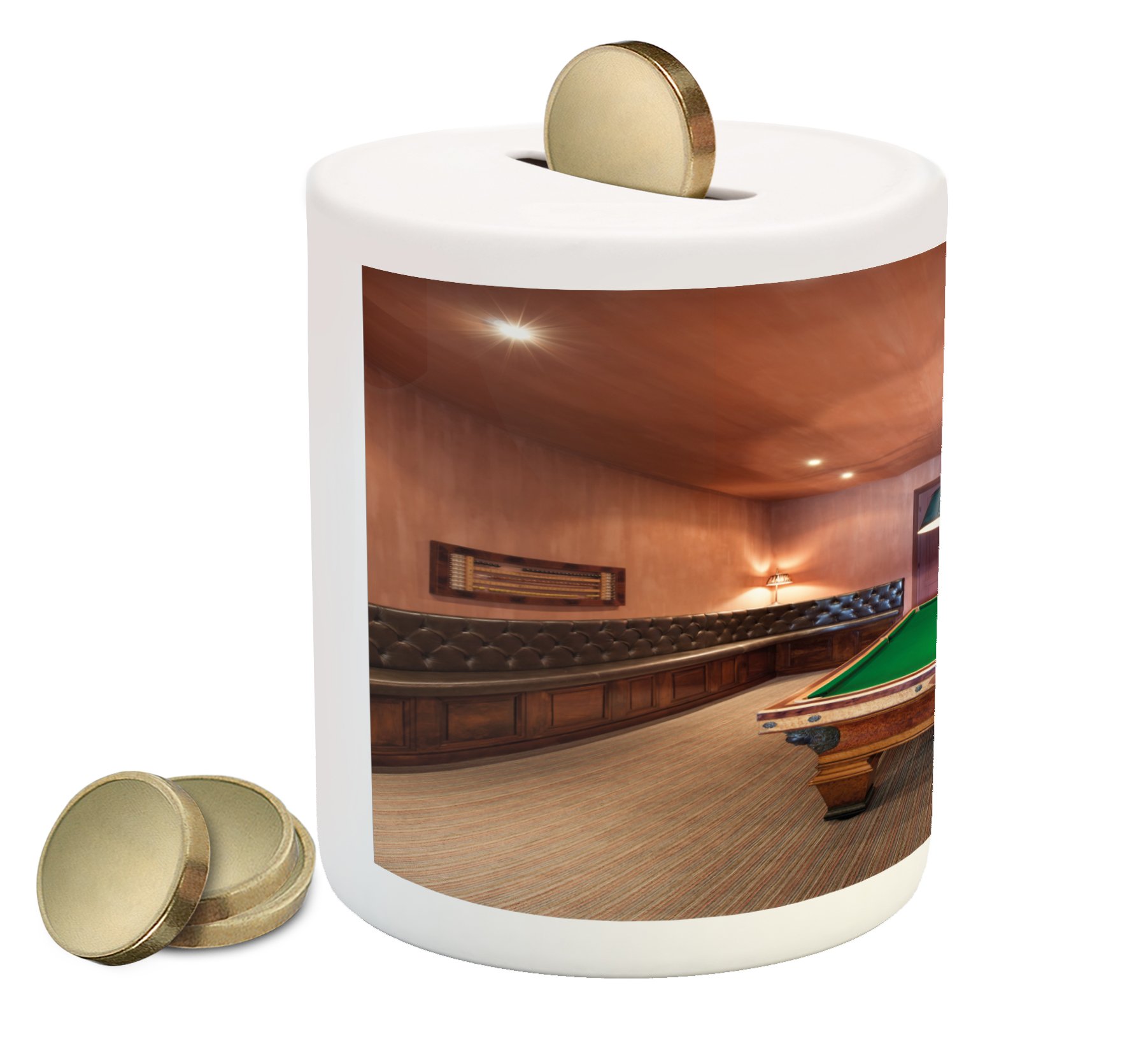 Ambesonne Modern Ceramic Piggy Bank with Mansion Pool Table Photo Print - Cinnamon Brown Green Coin Bank for Cash Saving - Perfect for Kids' Rooms, Game Rooms & Gift Giving