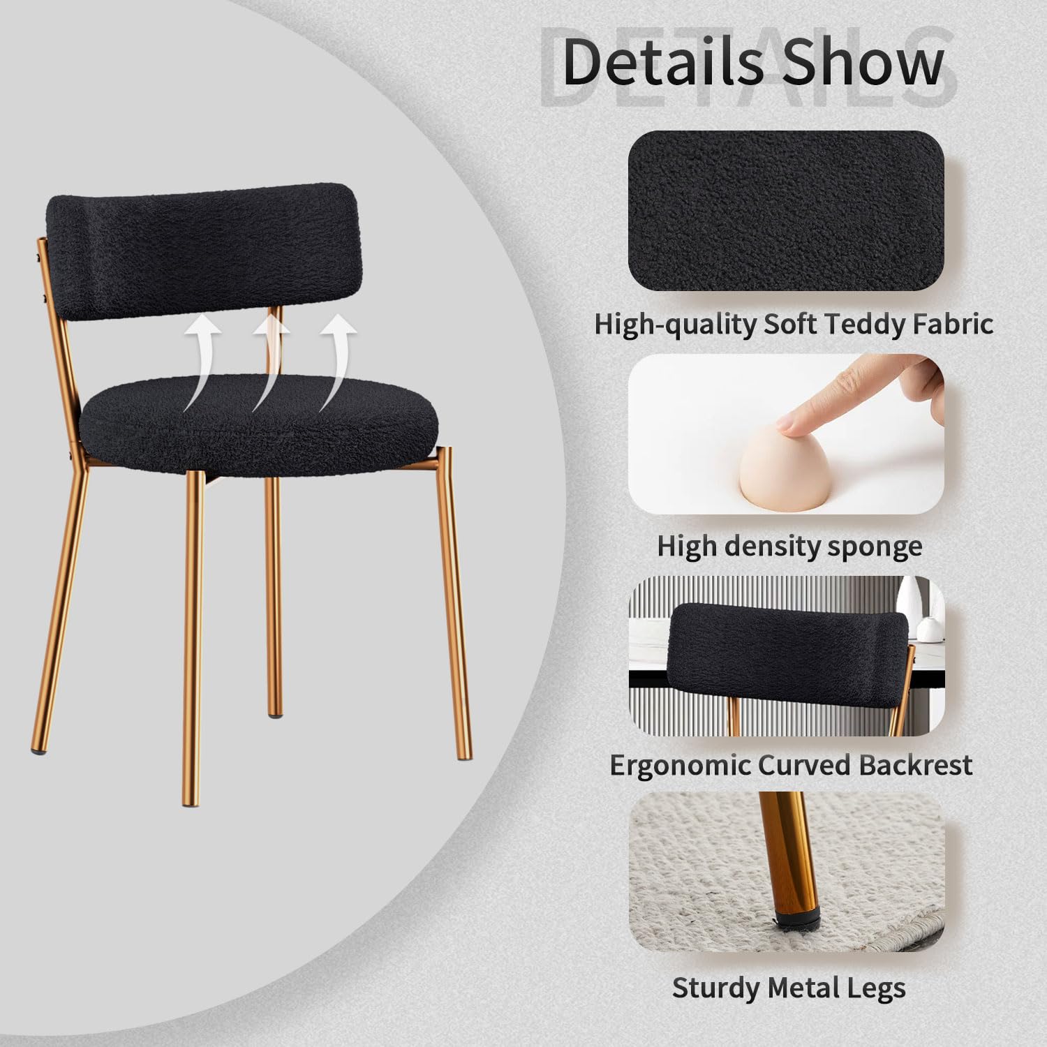 Modern Dining Chairs Set of 4 - Round Upholstered Boucle Sherpa Kitchen Chairs with Curved Backrest & Gold Metal Legs - Mid Century Black Dining Room Chairs for Home, Restaurant, Cafe & Office Use