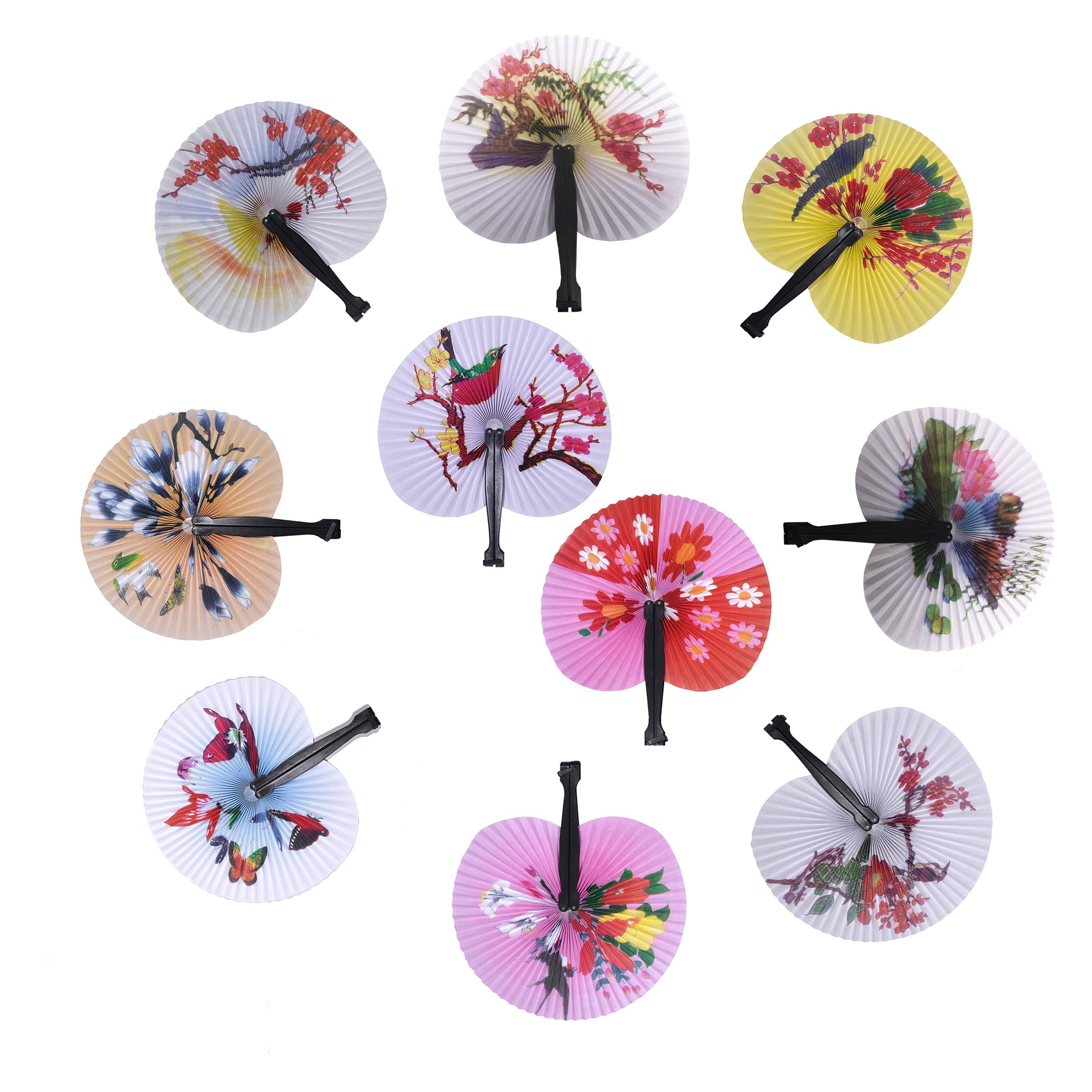 20 Pcs Chinese Oriental Floral Wedding Folding Hand Fans - Round Accordion Paper Fans with Plastic Handle for Birthday Party Favors, Bridal Shower, Summer Cooling & Home Decor (Black Handle)