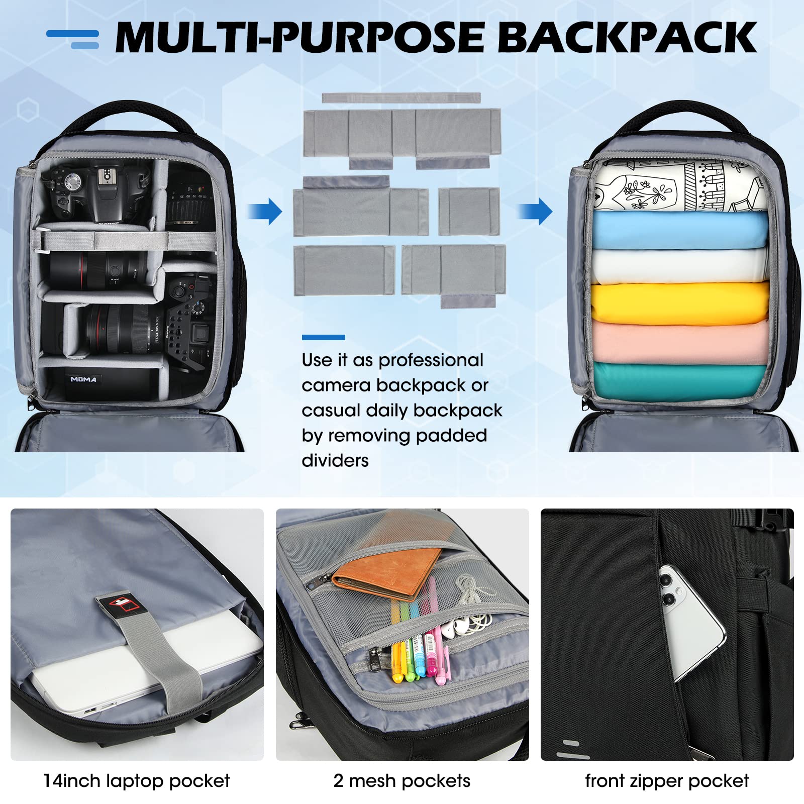 Professional DSLR SLR Camera Backpack - Waterproof Anti-Theft Photography Bag with Rain Cover & Tripod Holder, Fits 14 Inch Laptop - Large Durable Camera Case for Men & Women (Black) - Perfect for Travel, Hiking & Outdoor Photography