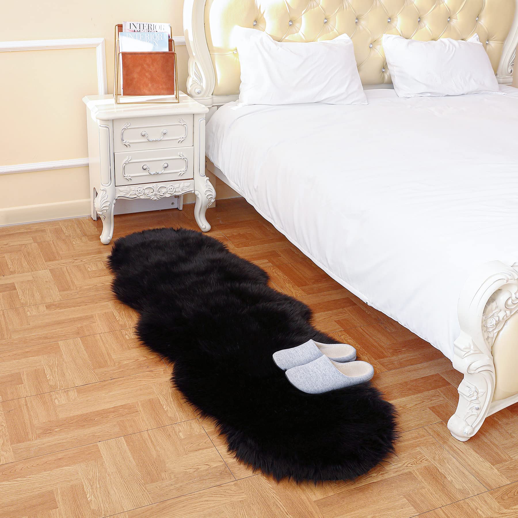 Soft Faux Fur Rug 2x6 ft - Black Sheepskin Plush Carpet, Washable Fluffy Coarse Wool Runner for Bedroom, Living Room & Sofa | Perfect for Floor Decor, Cozy Blanket & Bedside Mat