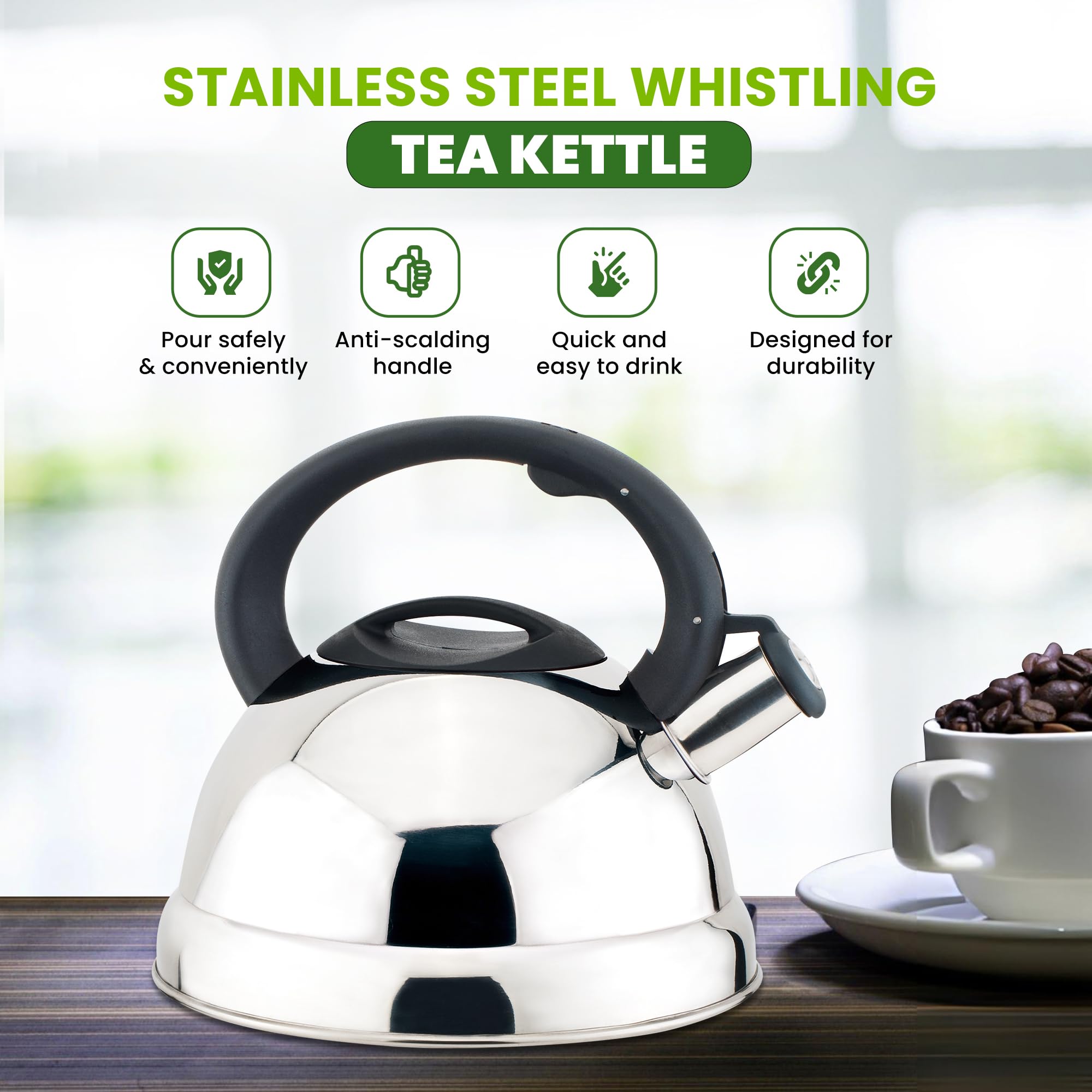 Stainless Steel Whistling Tea Kettle with Nylon Handle - 3.0L Stovetop Kettle for Tea & Coffee - Perfect for Home Kitchen, Office & Camping Use