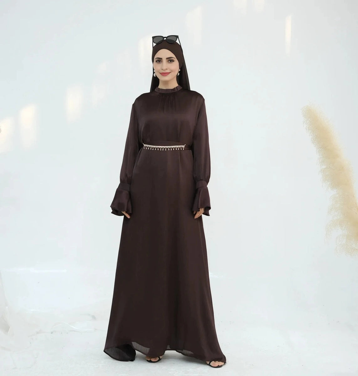 Elegant Satin Abaya Dress with Diamond Chain Belt - Modest Islamic Fashion for Women | Perfect for Prayer, Eid, Wedding & Special Occasions