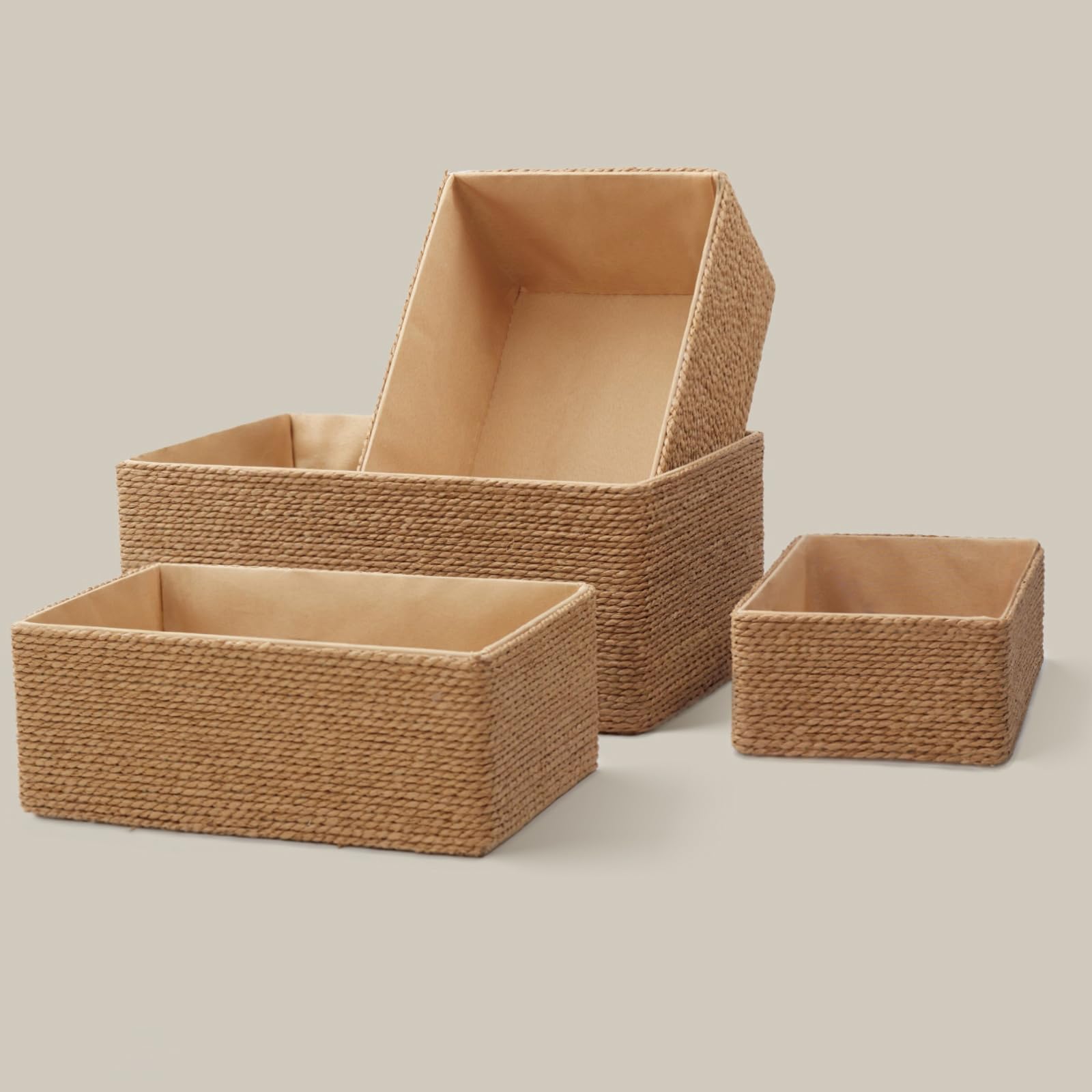 PROLAND 4-Pack Recycled Wicker Storage Baskets - Eco-Friendly Paper Rope Organizing Bins for Shelves, Cupboards & Drawers - Small Woven Decorative Baskets for Home, Office & Bathroom Organization