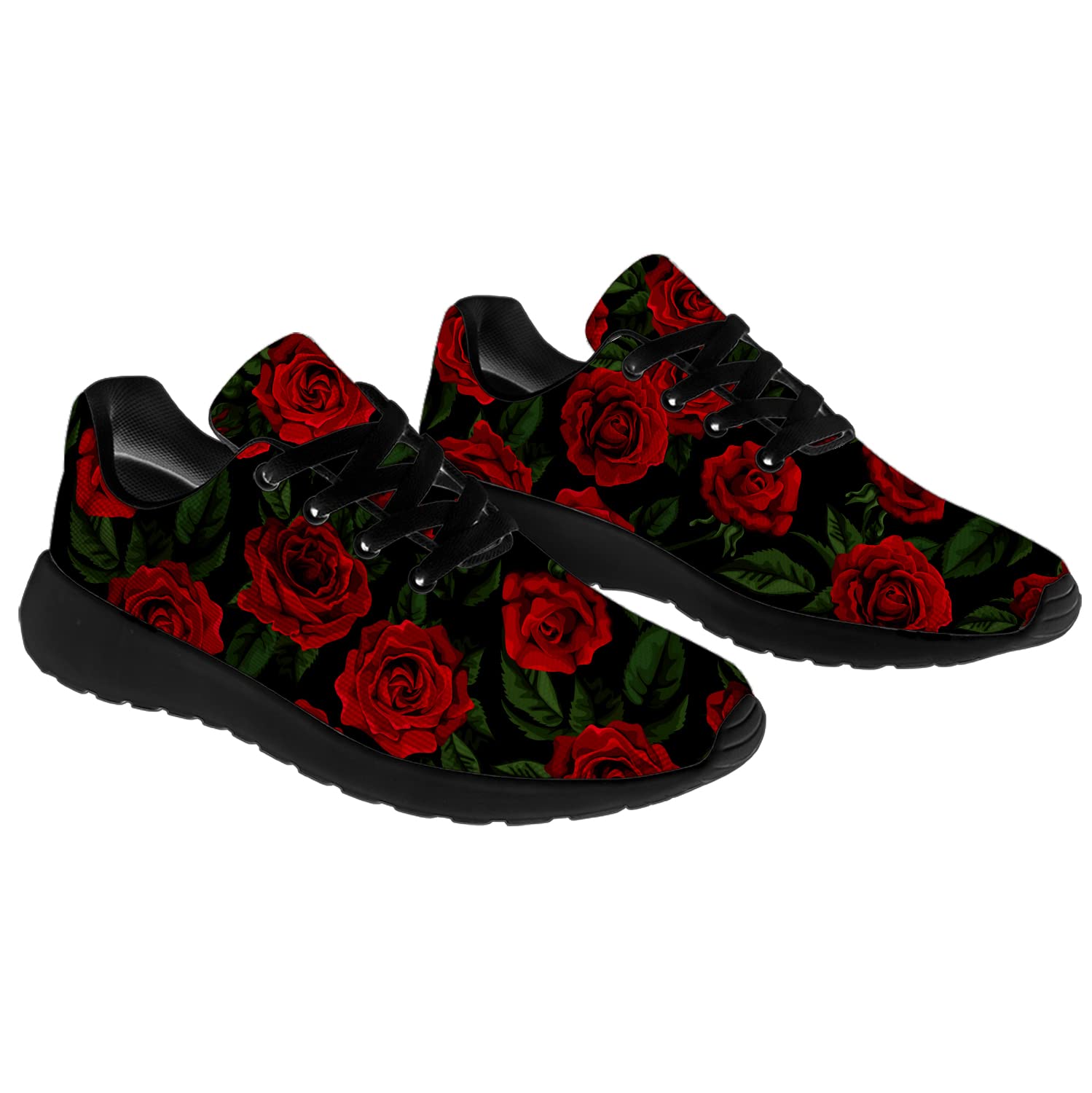 Floral Print Running Shoes for Men & Women - Breathable Walking Tennis Sneakers with Rose Flower Design - Size 9.5 Men/11 Women Black - Perfect for Jogging, Gym Workouts & Casual Wear