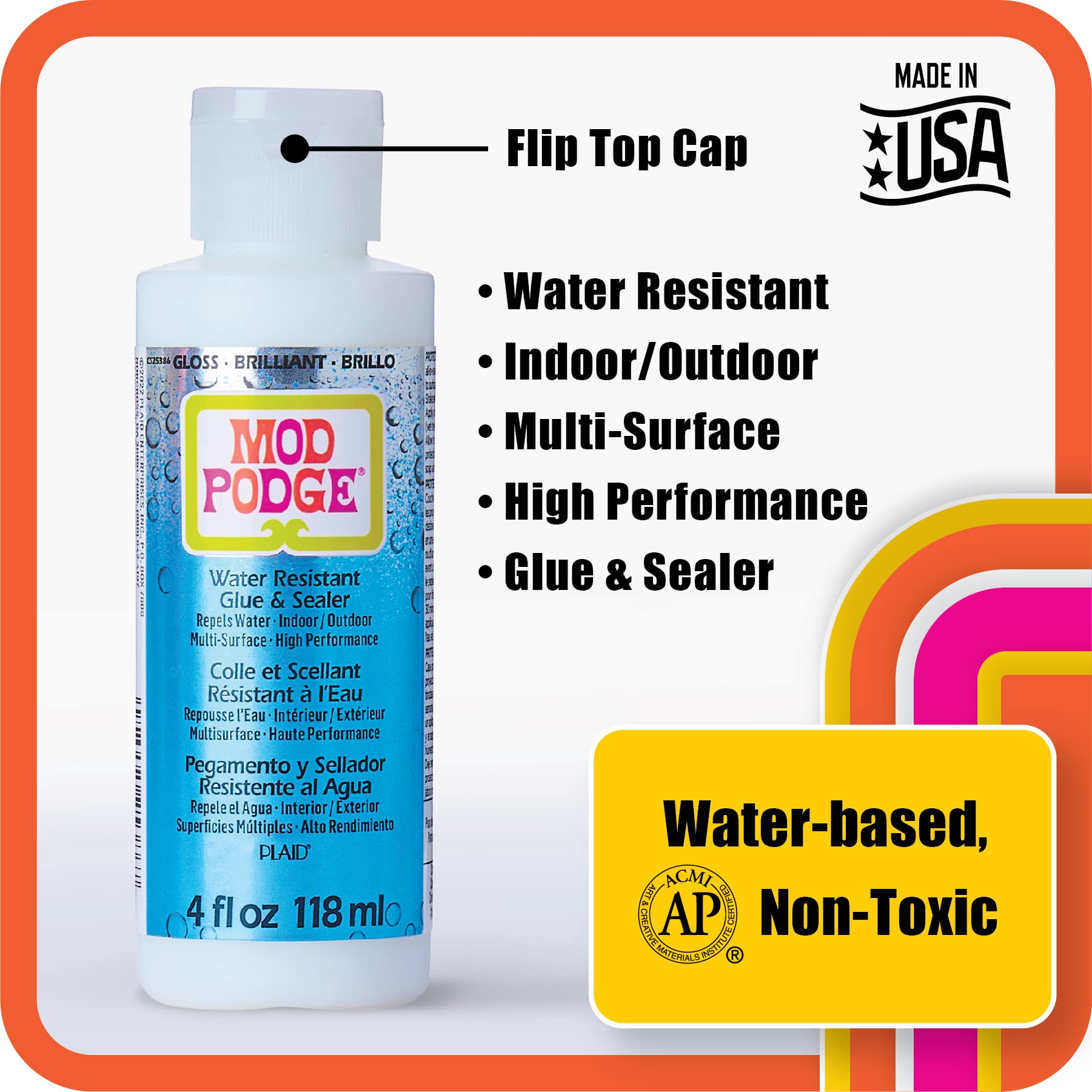Mod Podge Water Resistant Glue & Acrylic Sealer - 4 fl oz Clear Craft Glue for DIY Arts, Scrapbooking, Decoupage & Home Decor Projects - CS25386
