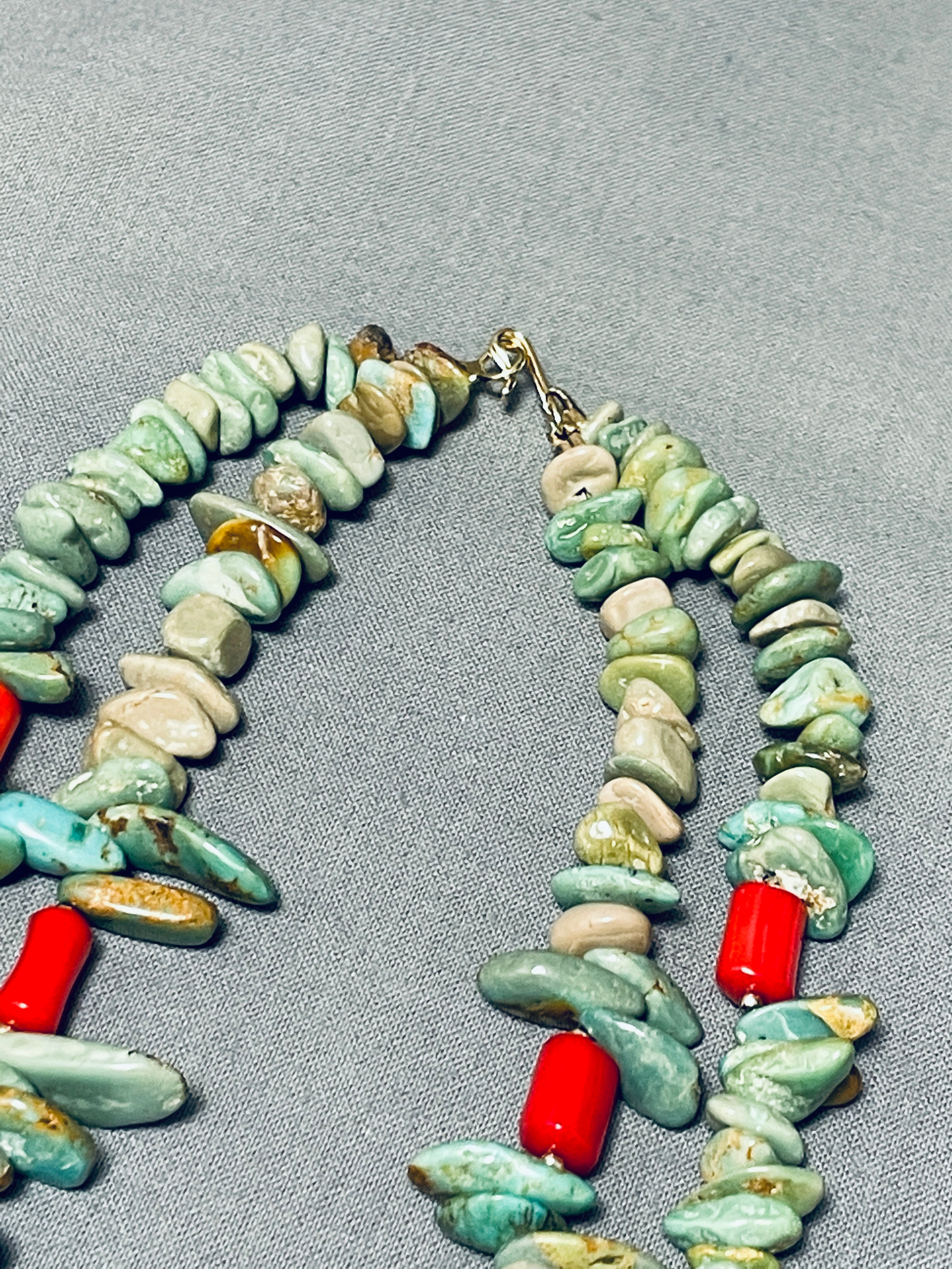14K Gold Vintage Native American Navajo Turquoise Coral Necklace - Handcrafted Jewelry for Women, Boho Chic Accessory, Perfect for Weddings & Special Occasions