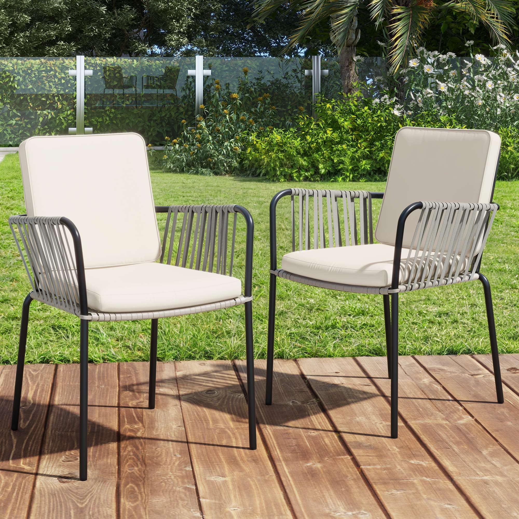 DWVO 2-Piece Outdoor Patio Dining Chairs Set with Arms & Cushions - Durable Rope & Rattan Design for Garden, Porch, Backyard, Poolside, Balcony - Weather-Resistant Grey Furniture for Relaxing & Entertaining