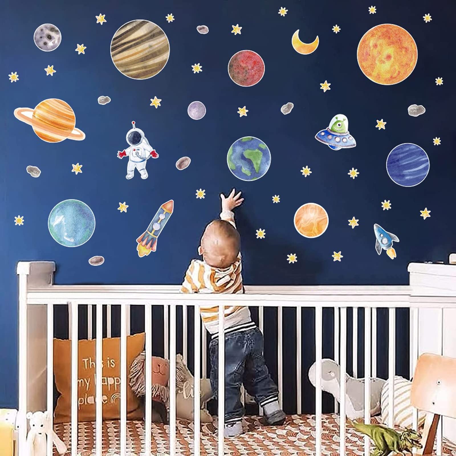 Solar System Wall Stickers for Kids Room - Space Themed Peel & Stick Wall Decals with Planets, Rockets & Astronauts - Perfect for Bedroom, Classroom, Playroom & Teen Girl's Room Decor - Easy DIY Space Art for Learning & Fun
