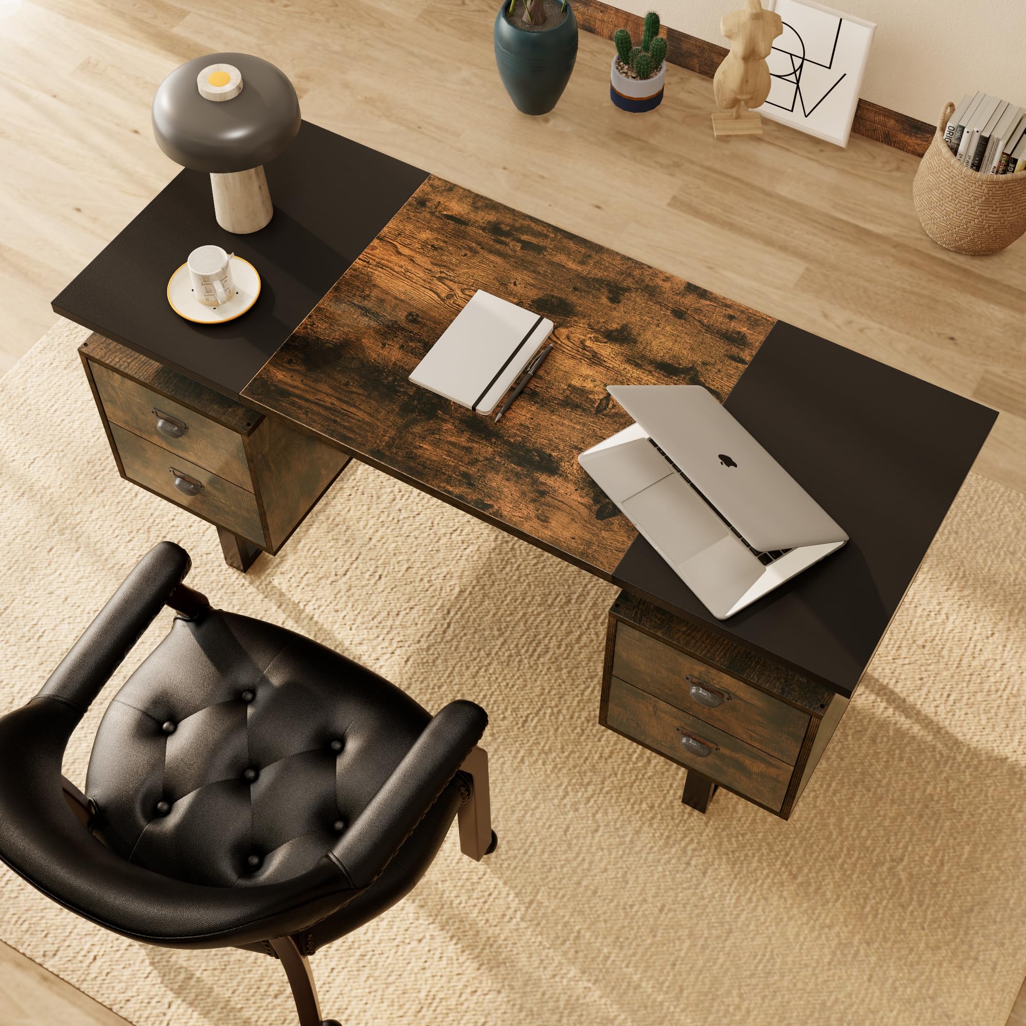LEEMTORIG 59 Inch Large Computer Desk with Drawers - Modern Industrial Gaming Desk, Study & Writing Table Workstation for Home Office, Bedroom - Black & Rustic Brown (CTSZ-20401-CM) | Perfect for Gaming Setup, Remote Work & Small Space Living
