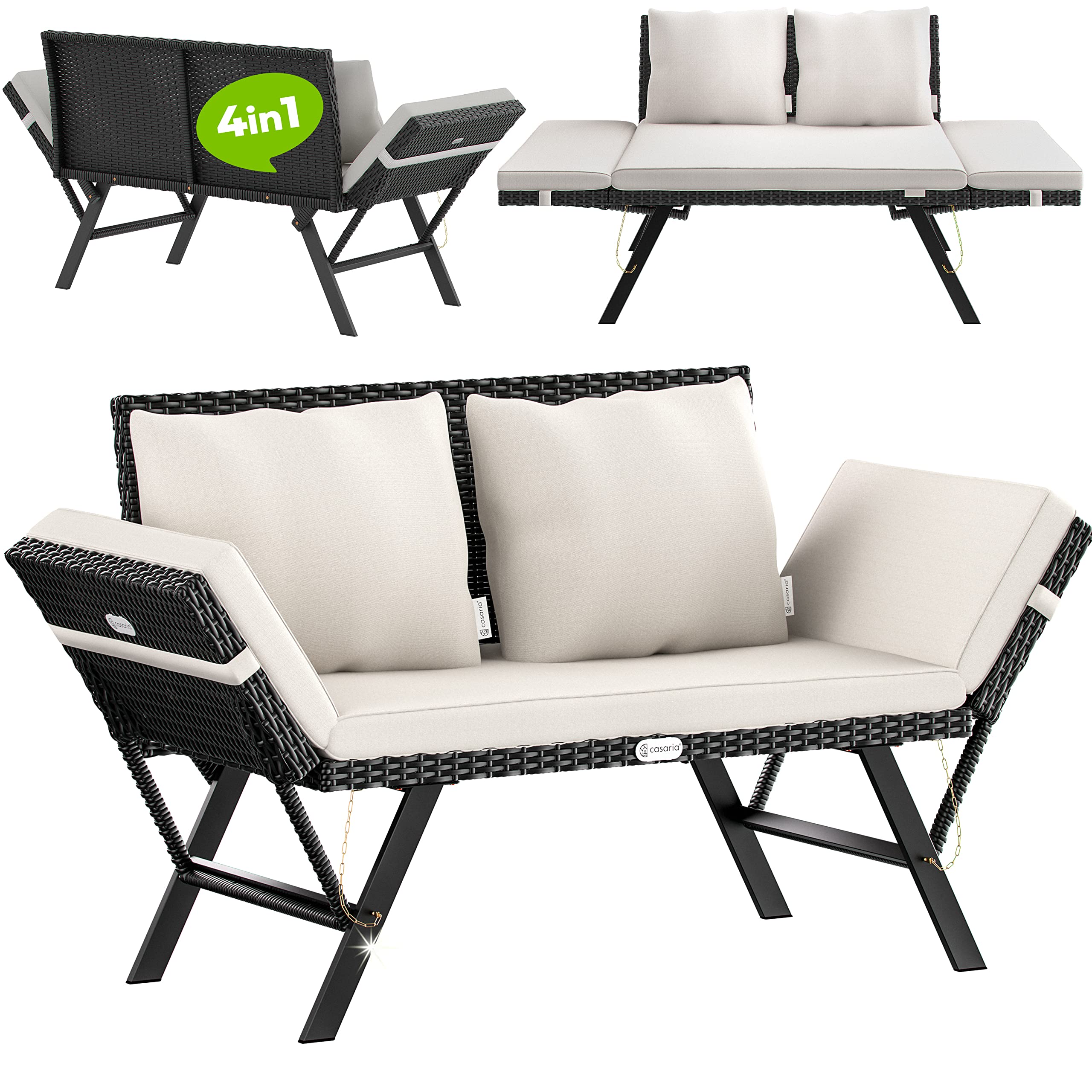 Casaria® Adjustable Poly Rattan Garden Bench with Cushions - Weatherproof Outdoor Patio Furniture for Garden, Terrace, Balcony - Perfect for Lounging & Relaxing