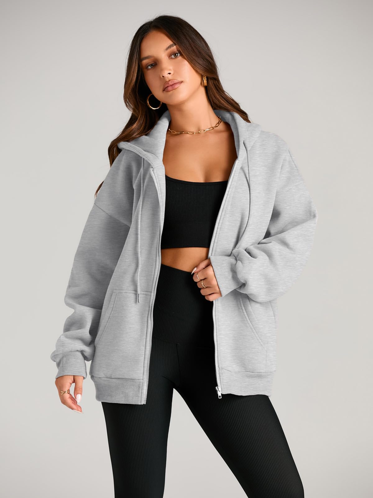 EFAN Women's Oversized Zip Up Hoodie with Drawstring & Pocket - Cute Fall Jacket Casual Sweatshirt for Streetwear, Lounge & Outdoor Activities