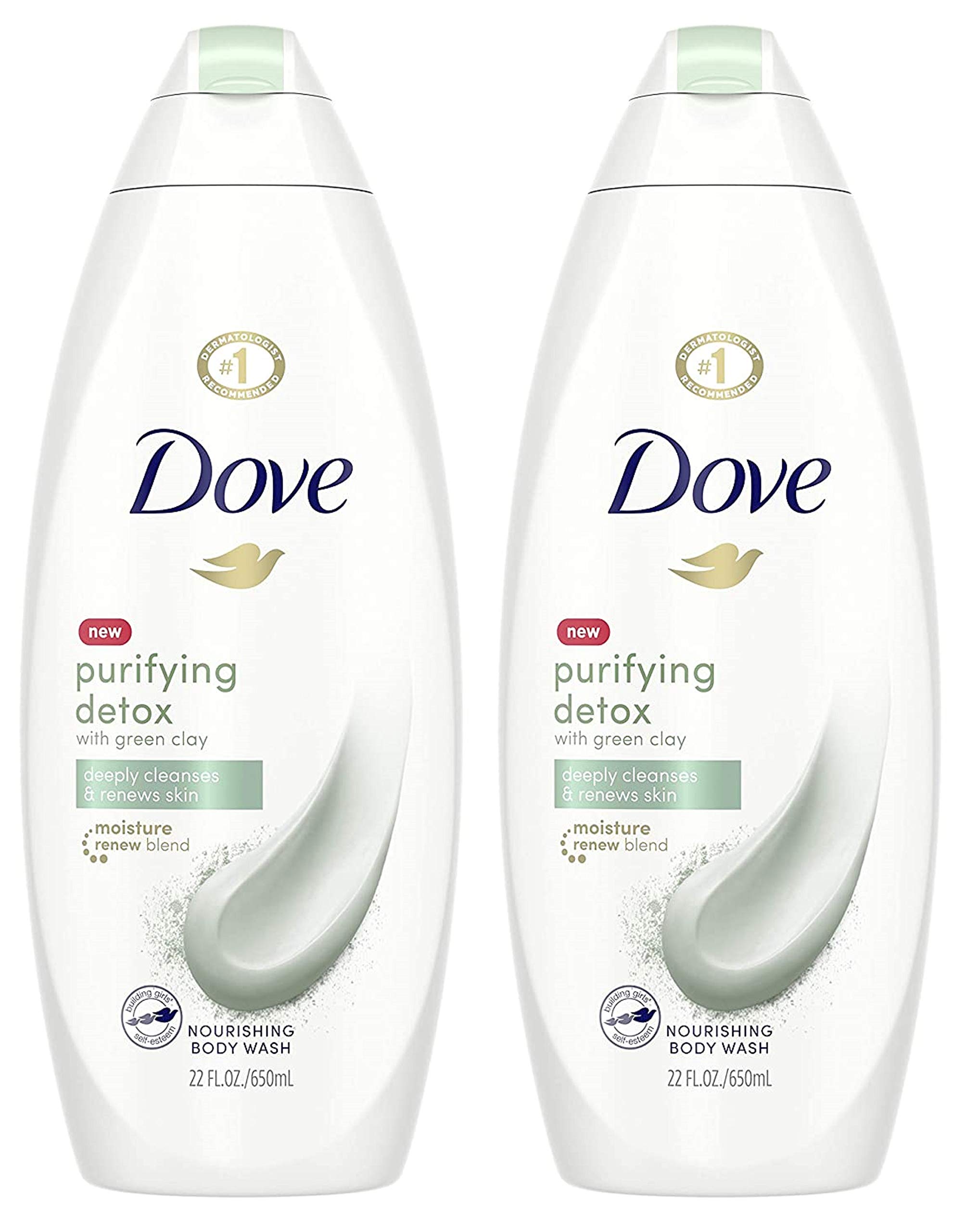 Dove Nourishing Body Wash with Green Clay - Purifying Detox & Deep Cleansing - 22 FL OZ (650mL) per Bottle - 2 Pack - For Daily Shower & Spa Relaxation at Home