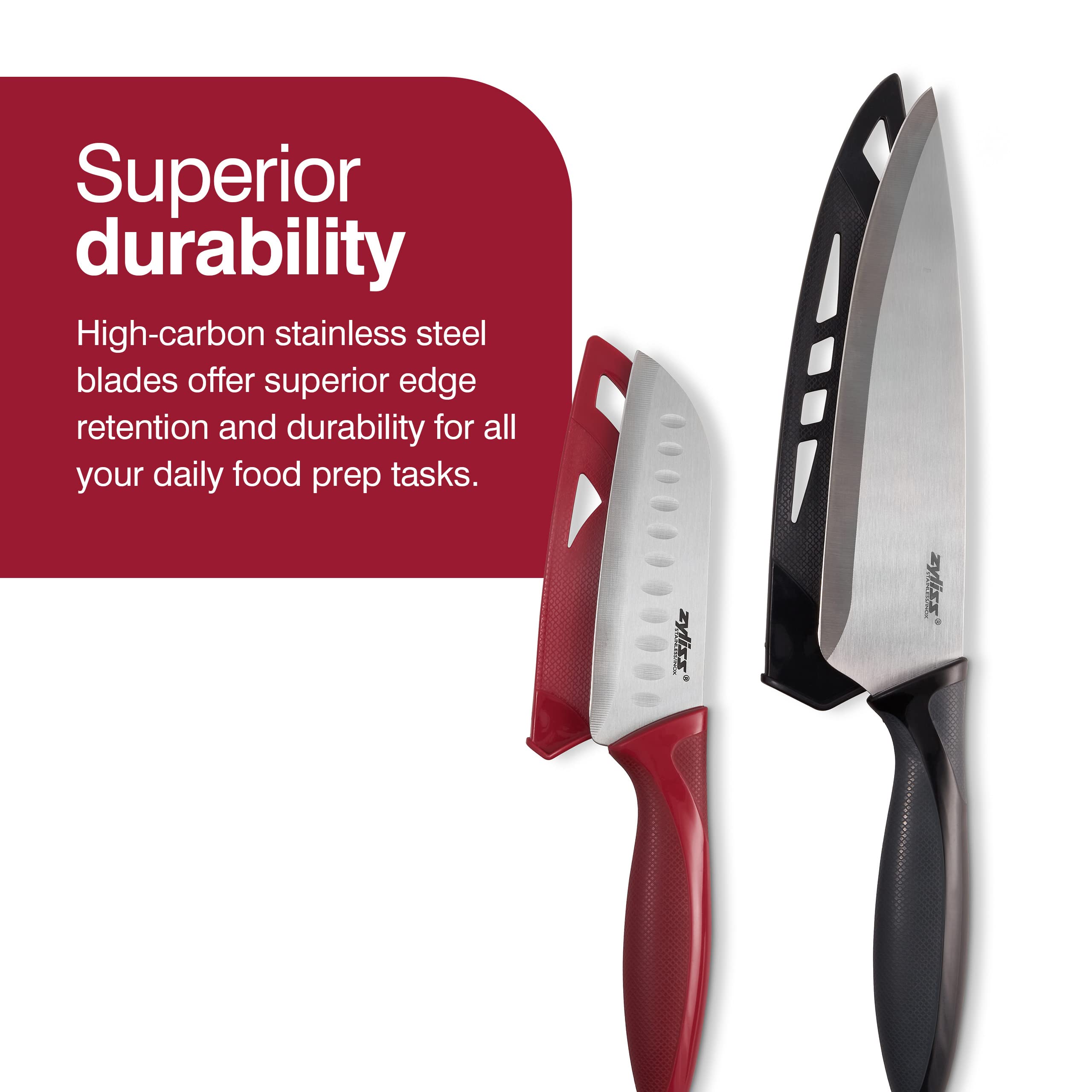 Zyliss Premium Stainless Steel Kitchen Knives Set - 2-Piece Santoku & Chef Knives with Sheath Covers - Dishwasher Safe - Sharp Blades for Meat, Vegetables & Fruit Cutting - Ideal for Home Cooking, Meal Prep & Professional Kitchens