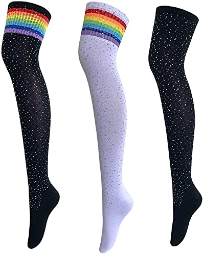 Sexy Sparkle Rhinestone Over Knee High Socks for Women - 3 Pairs (Black, White, Rainbow) - Long Casual & Party Stockings for Night Out, Cosplay, and Festive Occasions