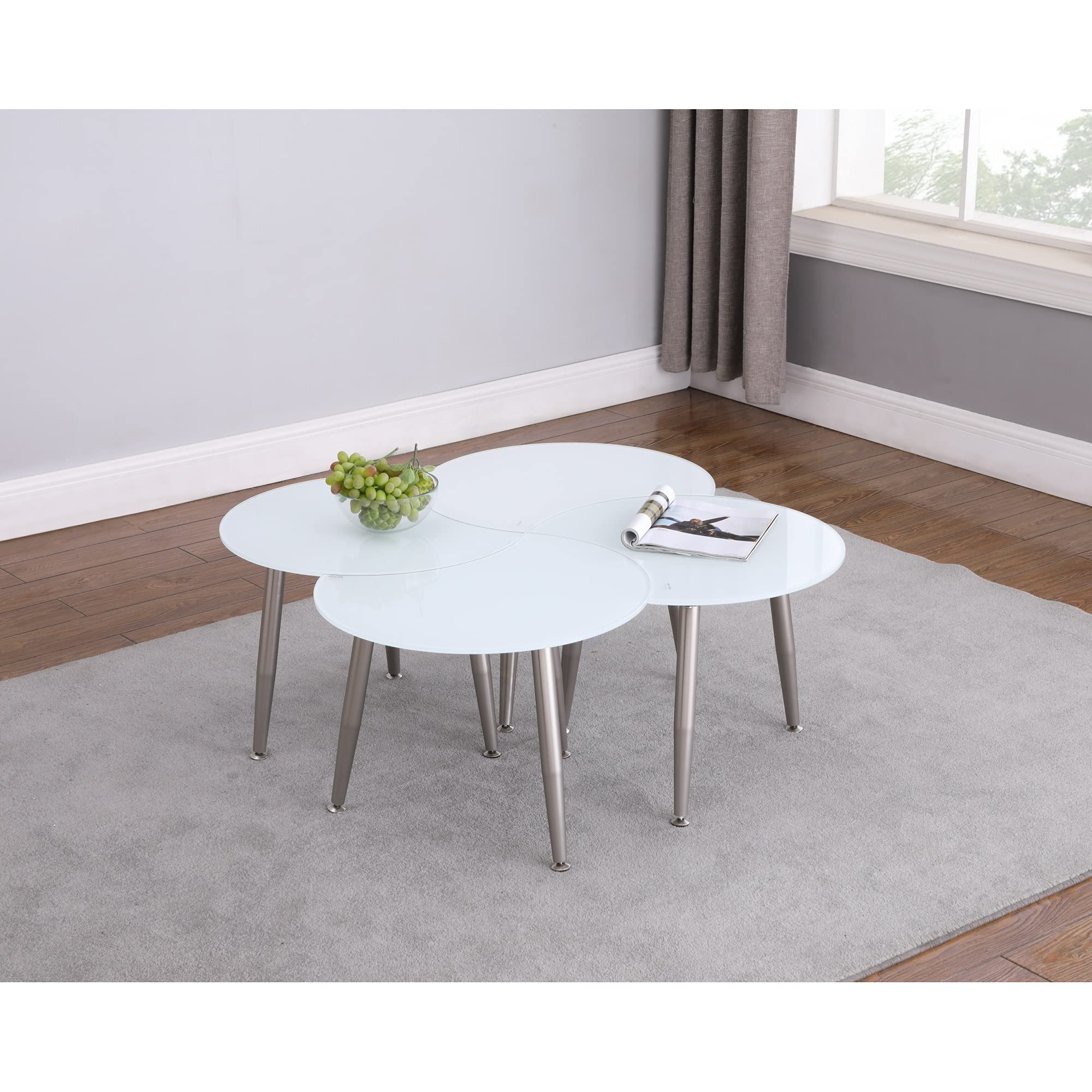 Modern Brushed Nickel & Super White Glass Cocktail Table - Round Shaped Coffee Table for Living Room, Lounge & Office Decor