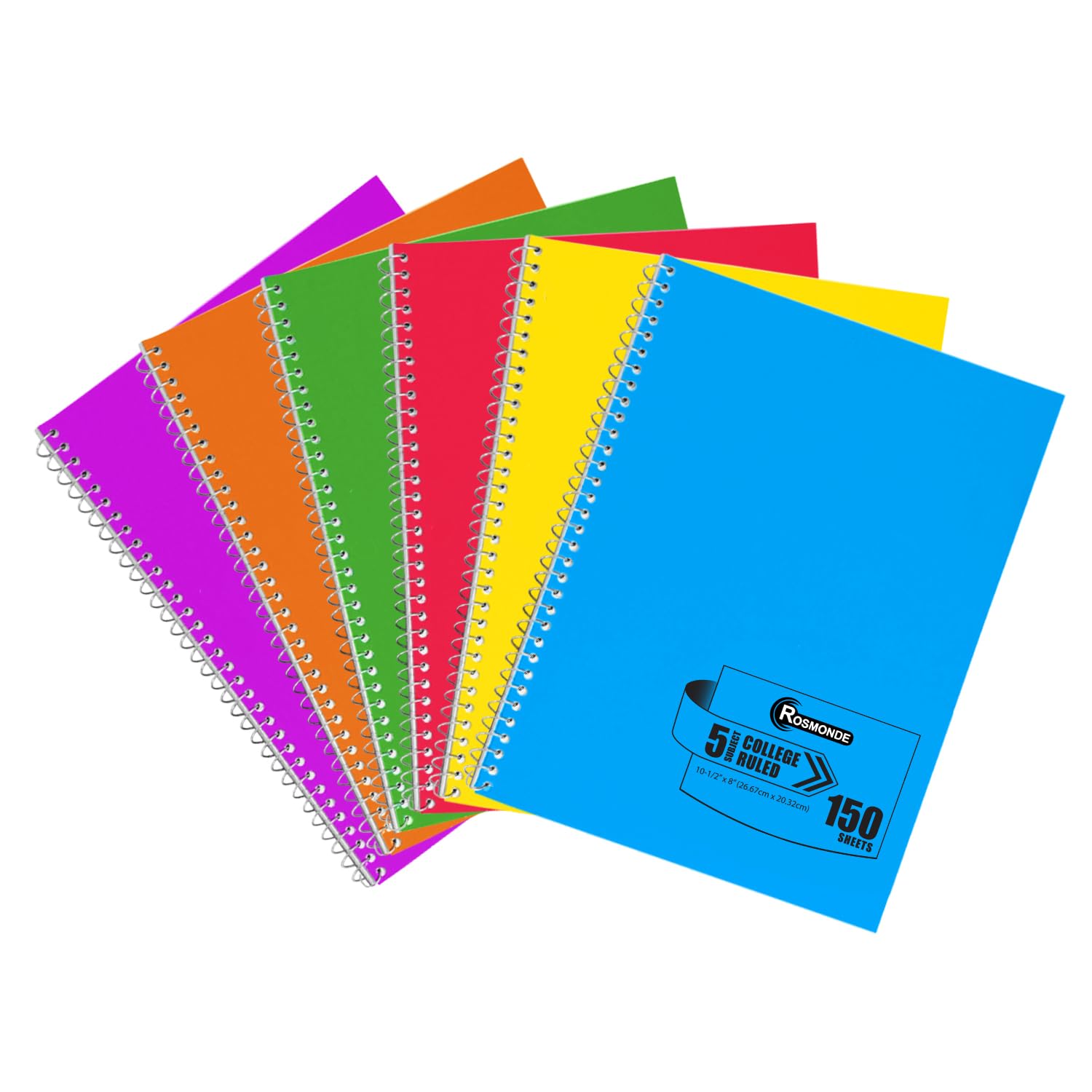 5 Subject Spiral Notebook College Ruled - 6 Pack Bulk School Notebooks with Durable Water Resistant Cover, 300 No-Bleed Pages (150 Sheets), 8