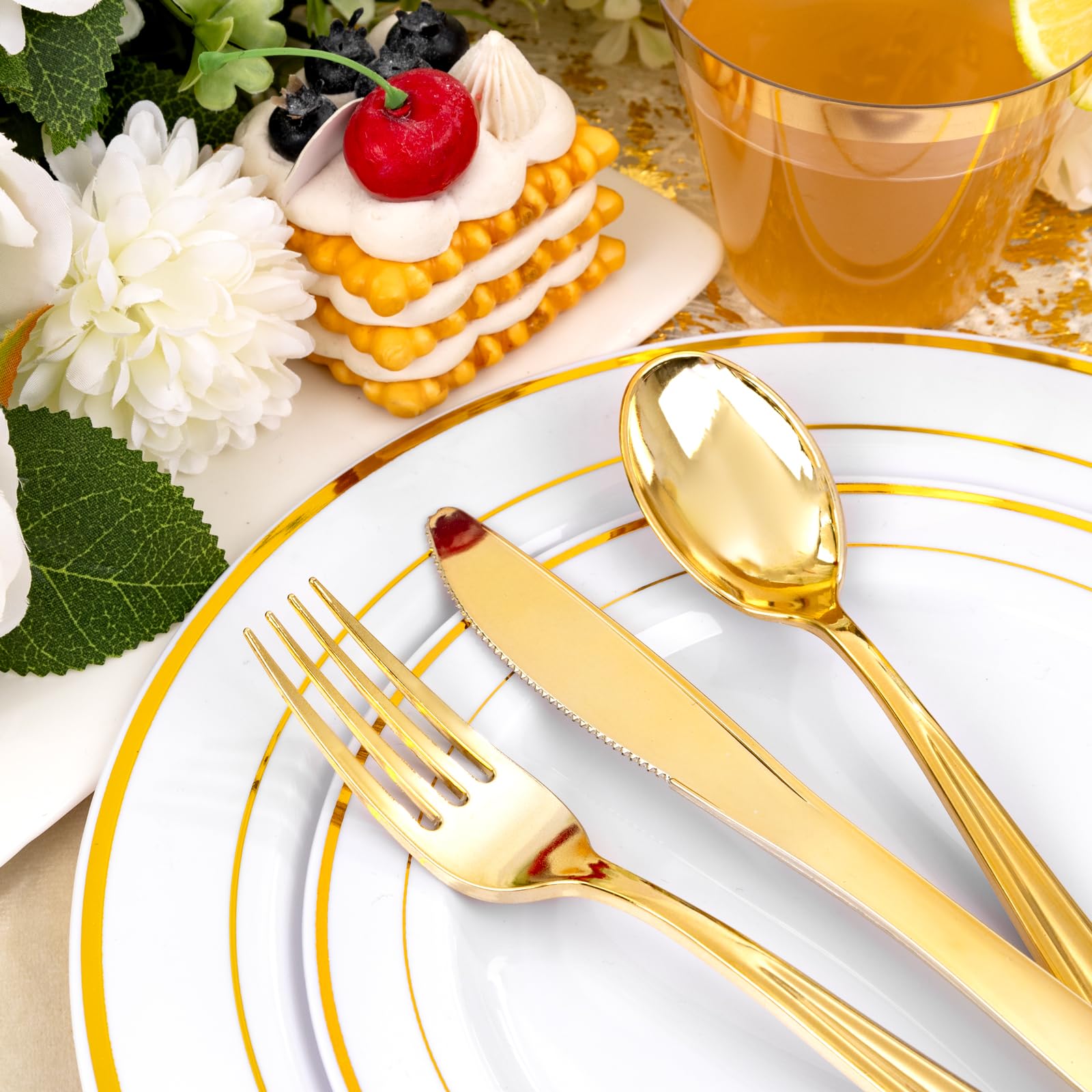 350-Piece Gold Plastic Dinnerware Set for 50 Guests - Disposable Plates, Forks, Knives, Spoons, Cups & Napkins - Elegant Party Tableware for Weddings, Birthdays & Events