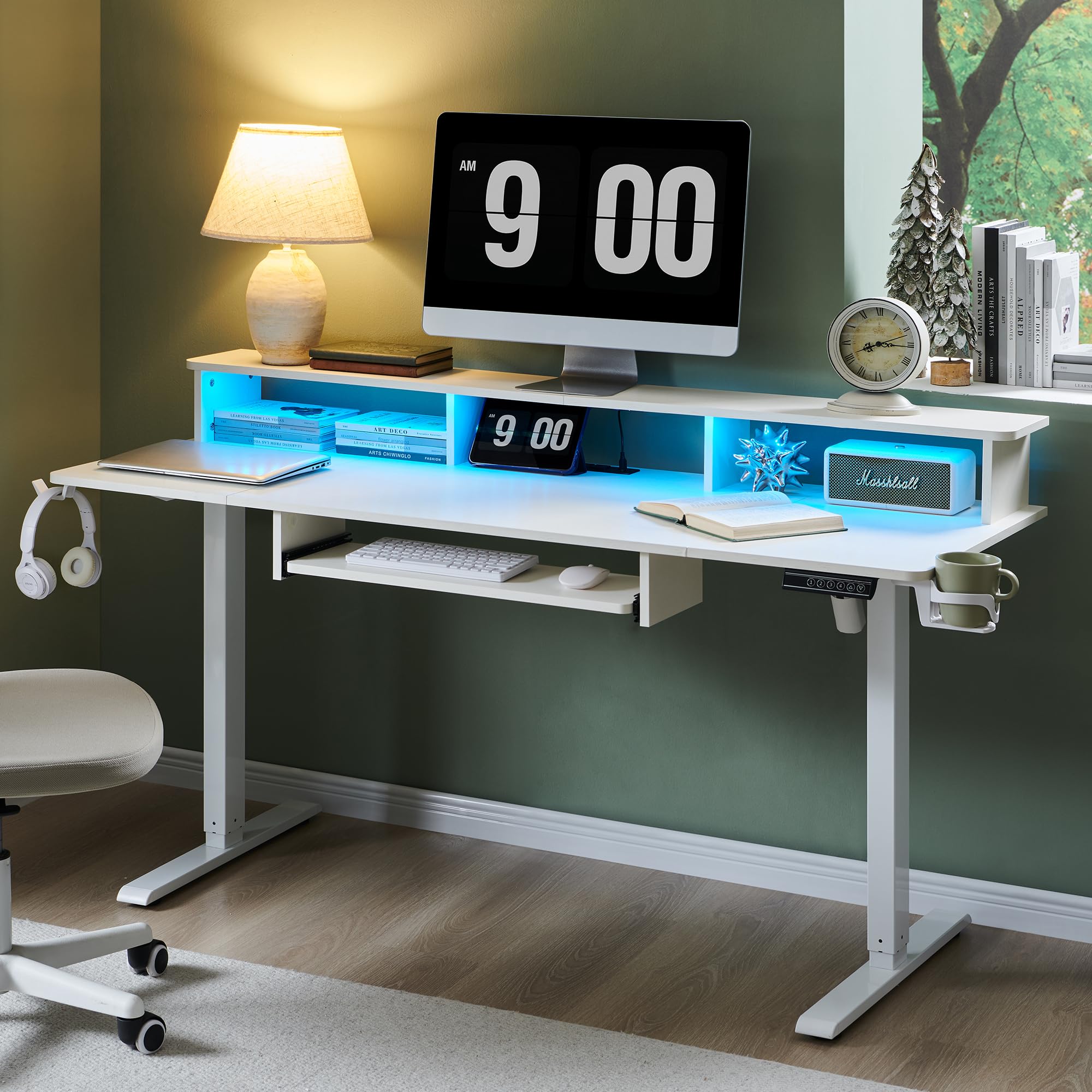 RedLemon 60 Inch Electric Height Adjustable Gaming Desk with Power Outlets, LED Lights, Keyboard Tray & Monitor Shelf - Ergonomic Standing Computer Desk for Home Office, Gaming Setup & Workstation (White)