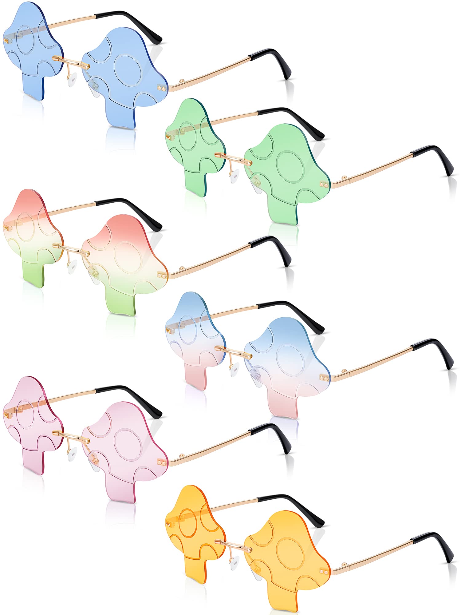 Dunzy 6 Pairs Retro Trendy Mushroom Sunglasses - Rimless Transparent Sun Glasses for Women & Men | Perfect for Beach, Driving, and Fashion Outfits
