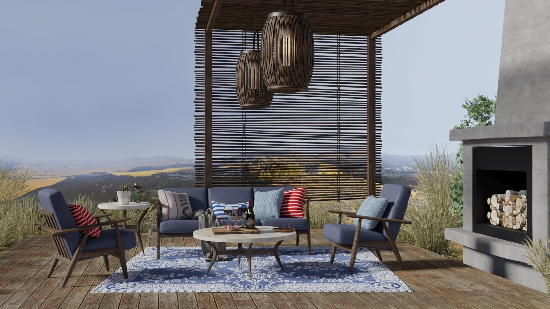 Mad Mats Traditional Outdoor Rug - Reversible Plastic Mat 6' x 9' Oriental Garland Blue/White - Perfect for Patio, Deck, Poolside & Garden Decor