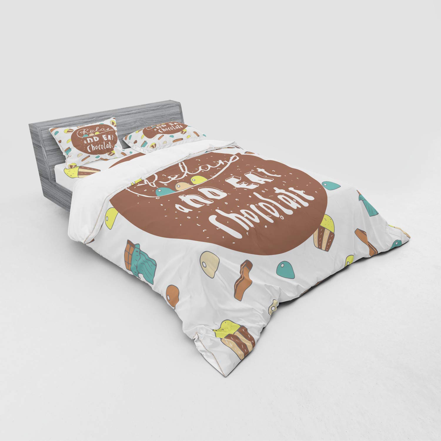 Ambesonne 4-Piece Queen Duvet Cover Set - Relax and Eat Chocolate Theme with Cupcakes & Tea Time Dessert Design, Includes Shams & Fitted Sheet, Multicolor - Perfect for Cozy Bedrooms, Guest Rooms & Chocolate Lovers' Retreats