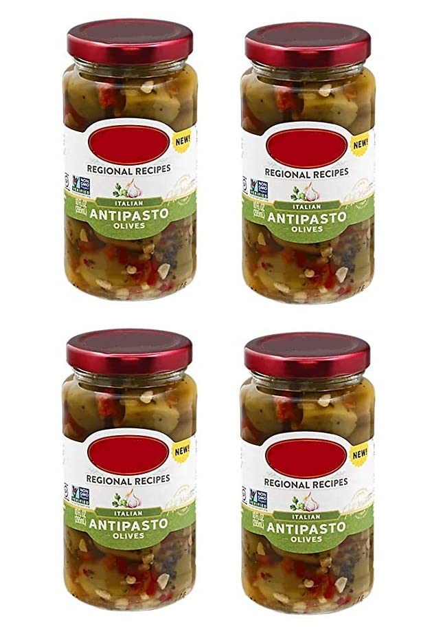 Large Pitted Antipasto Olives - 4 Glass Jars (10 fl.oz/295ml Each) | Perfect for Charcuterie Boards, Salads & Italian Recipes