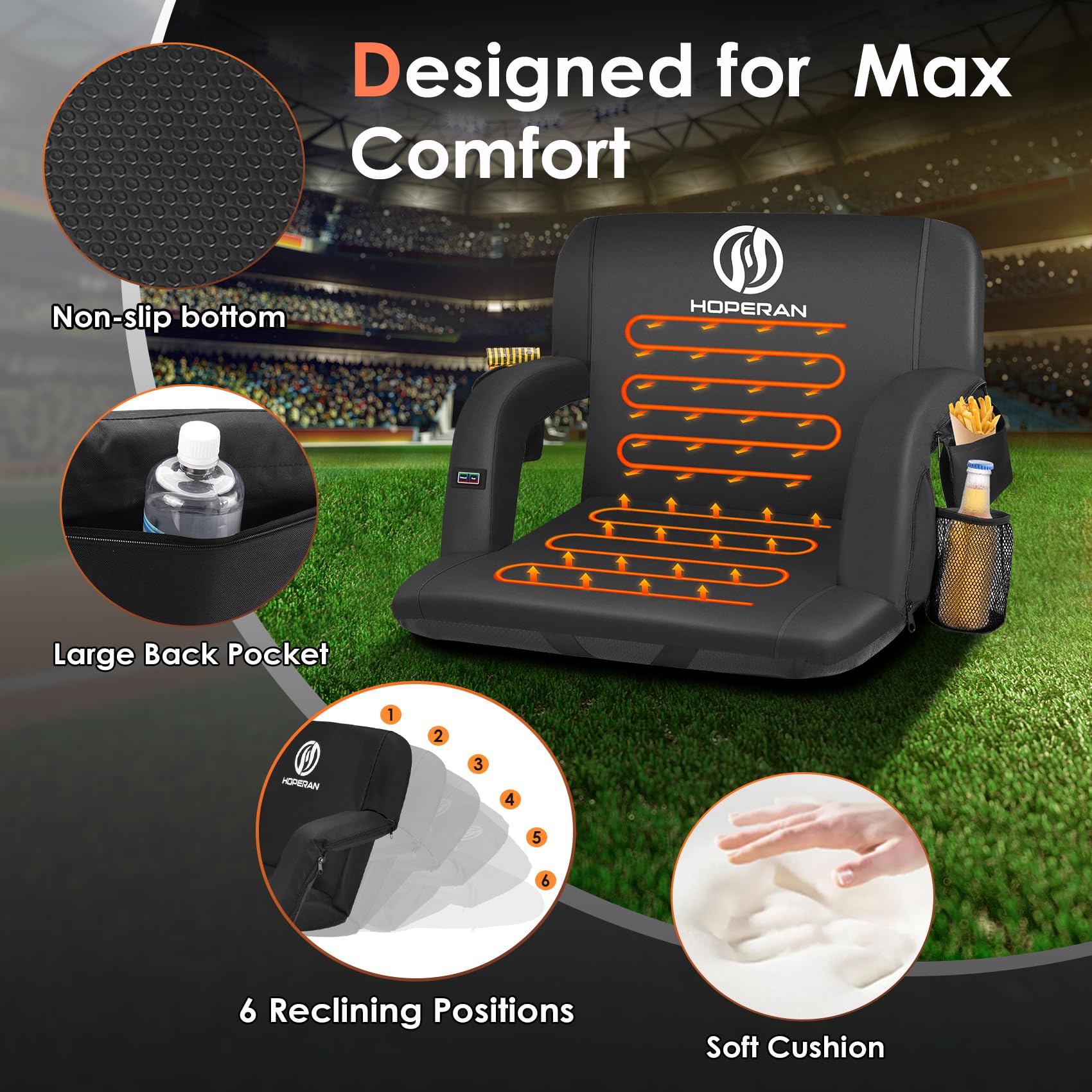 HOPERAN Portable Heated Stadium Seat with Back Support & Cushion - 3-Level Adjustable Heating for Outdoor Sports, Football Games, Camping & Winter Events - Water-Resistant Bleacher Chair for Cold Weather Comfort
