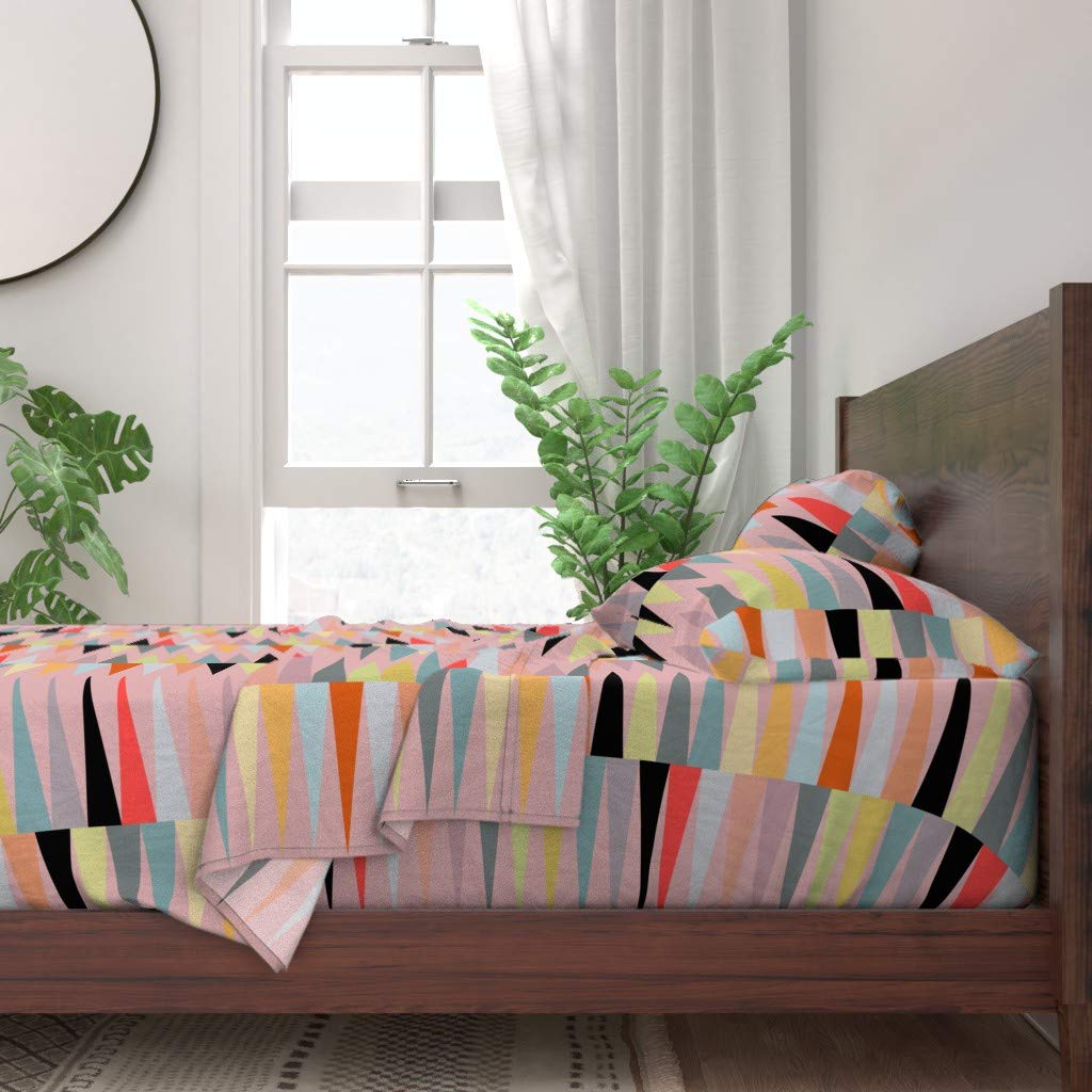 100% Cotton Queen Size 4-Piece Bed Sheet Set - Pink Geometric Abstract Vintage Retro Mid Century Modern Print | Soft Breathable Custom Bedding | Perfect for Guest Rooms, Master Bedrooms & Boho Chic Home Decor